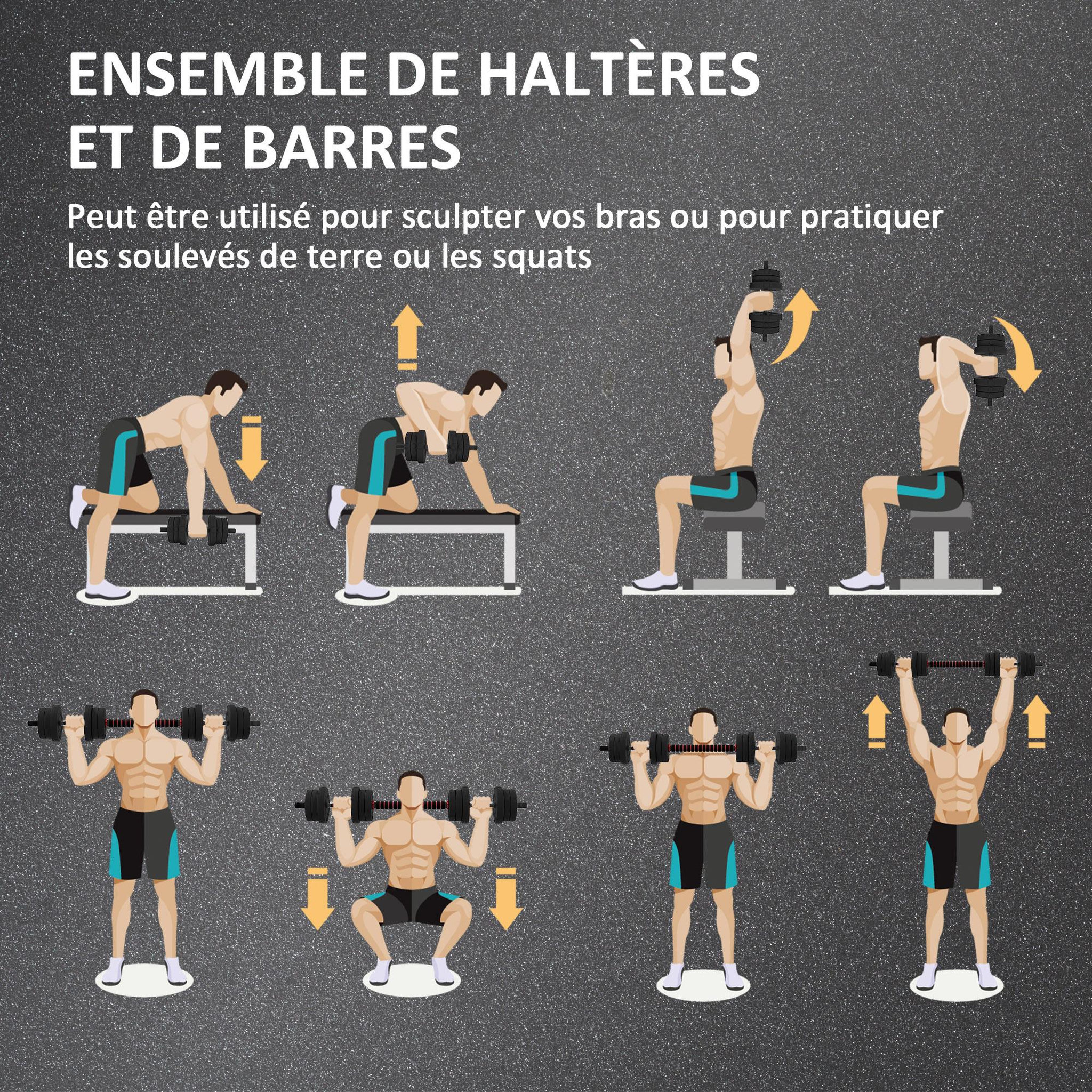 Voir la diapositive 5 : HOMCOM Ensemble d'haltères courtes total 20 kg - barres incluses - entraînement musculaire & haltérophilie - acier hdpe noir rouge