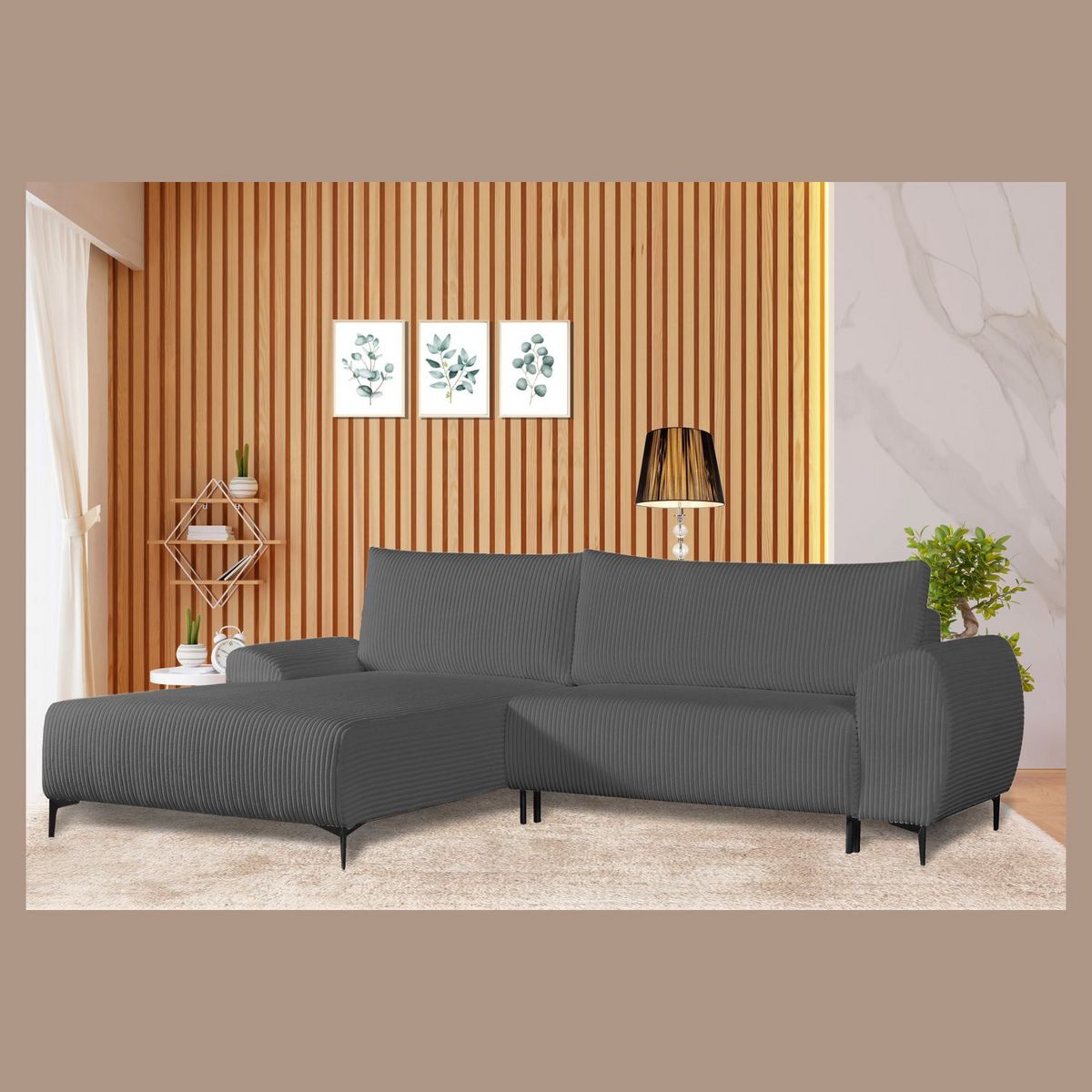 Canapé d'angle gauche fixe convertible 5 places en velour côtelé CYRIL