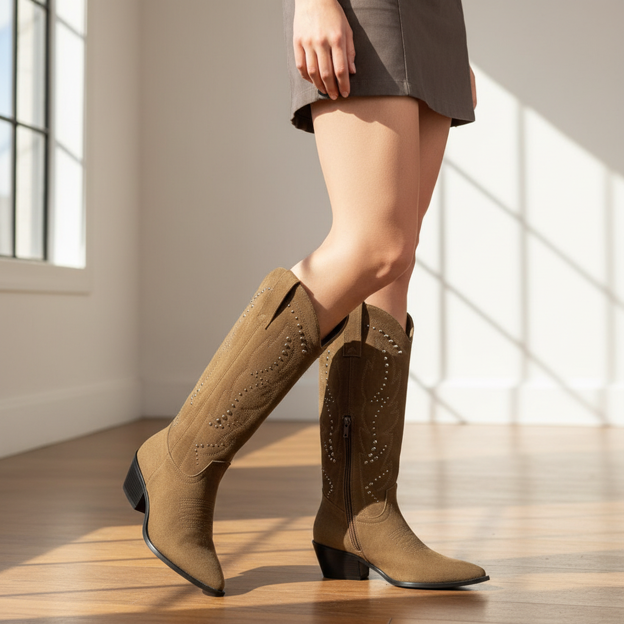 Voir la diapositive 2 : OZABI Ozabi bottes santiag femme haute tige suédine cloutée talon bloc 4 cm