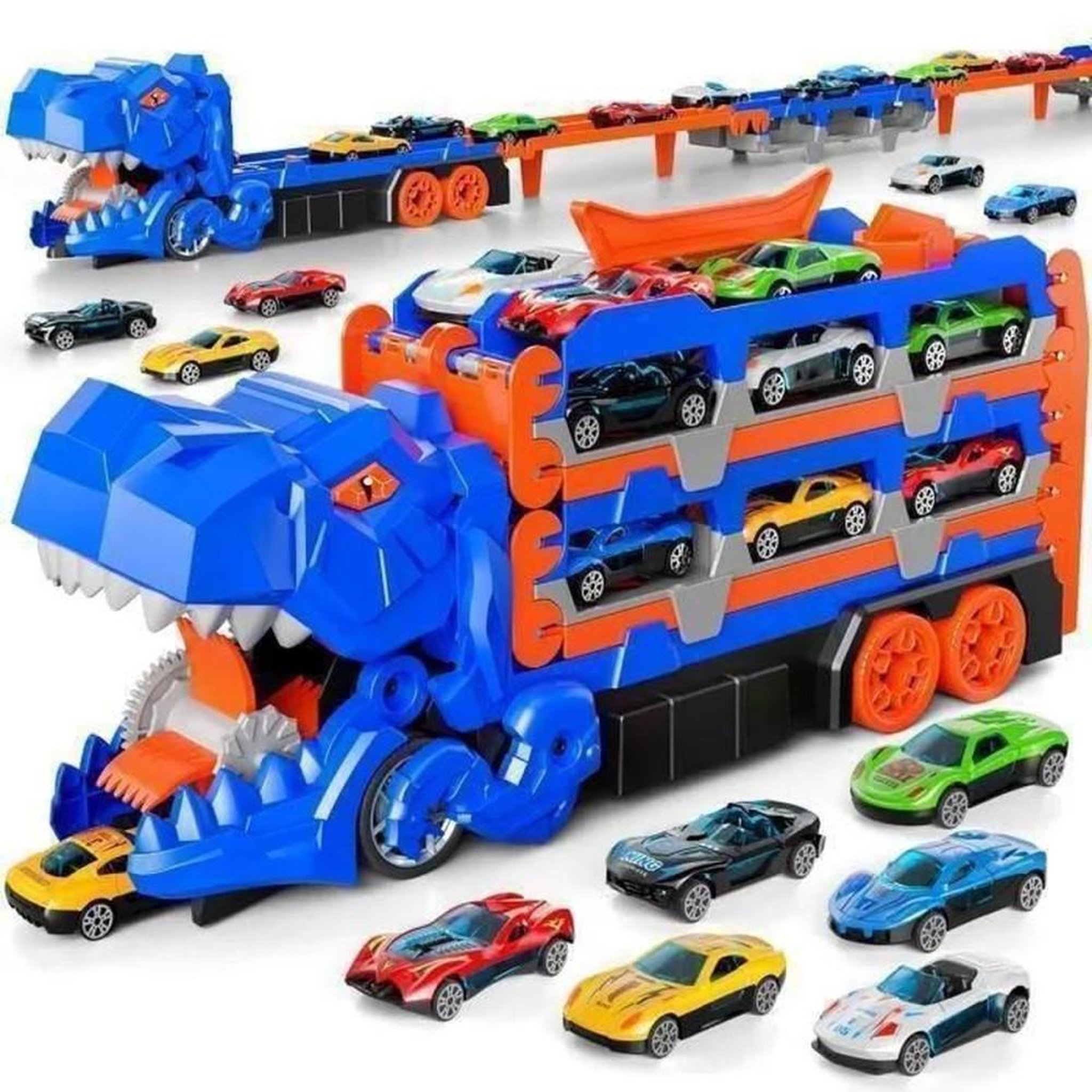 Voir la diapositive 1 : Camion dinosaure piste et catapulte avec 3 niveaux de transport et 12 mini voitures en ABS
