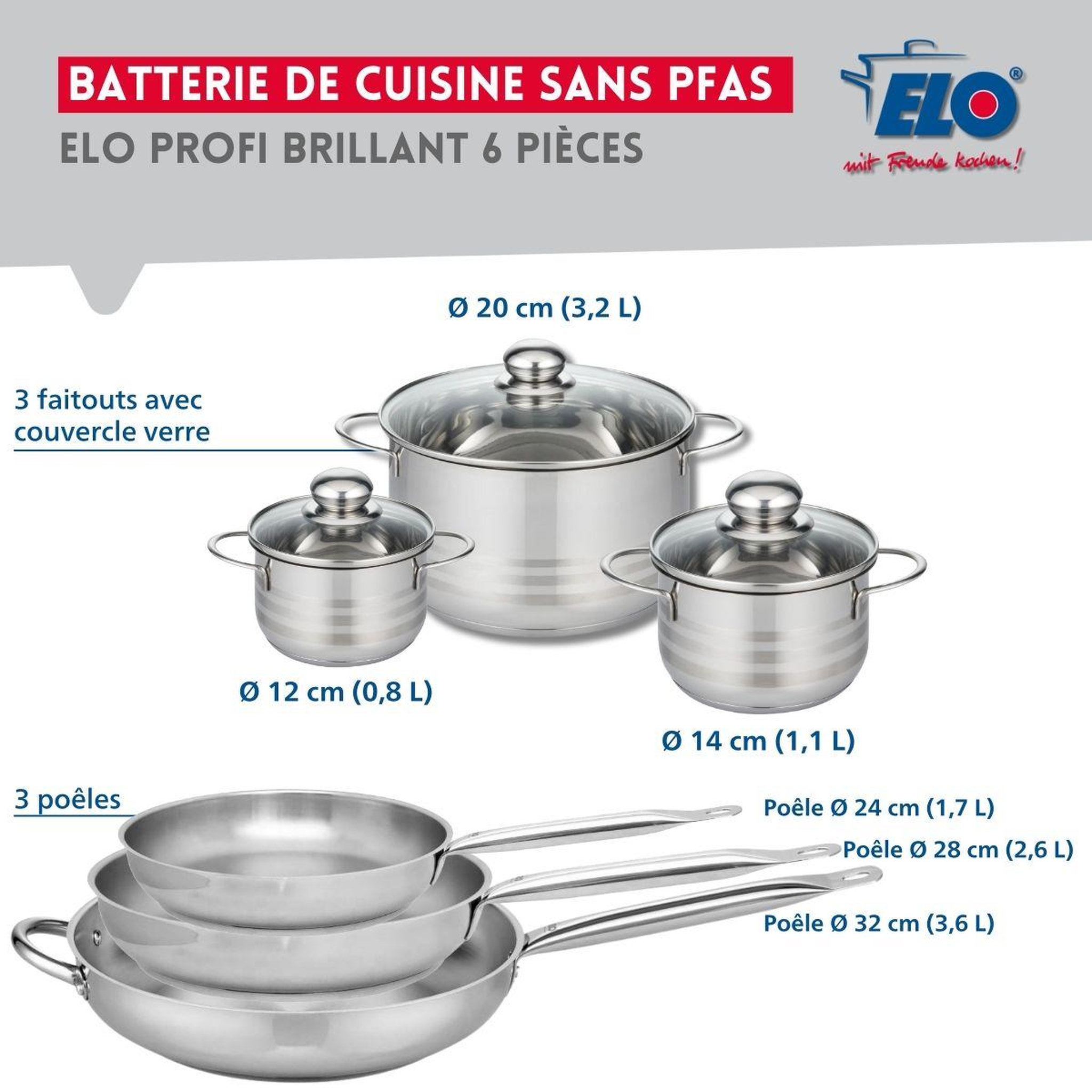 Voir la diapositive 2 : ELO Ensemble de 3 poêles de cuisson 24, 28 et 32 cm et 3 faitouts 12, 14 et 20 cm elo profi brillant