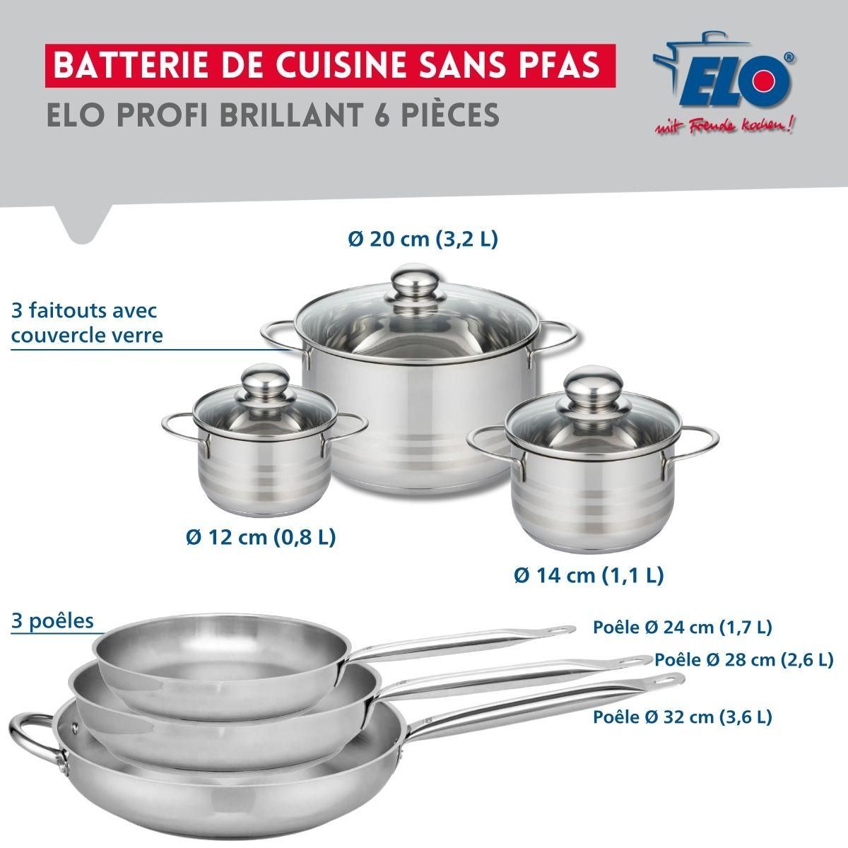 ELO Ensemble de 3 Poêles de cuisson 24, 28 et 32 cm et 3 faitouts 12, 14 et 20 cm Elo Profi Brillant