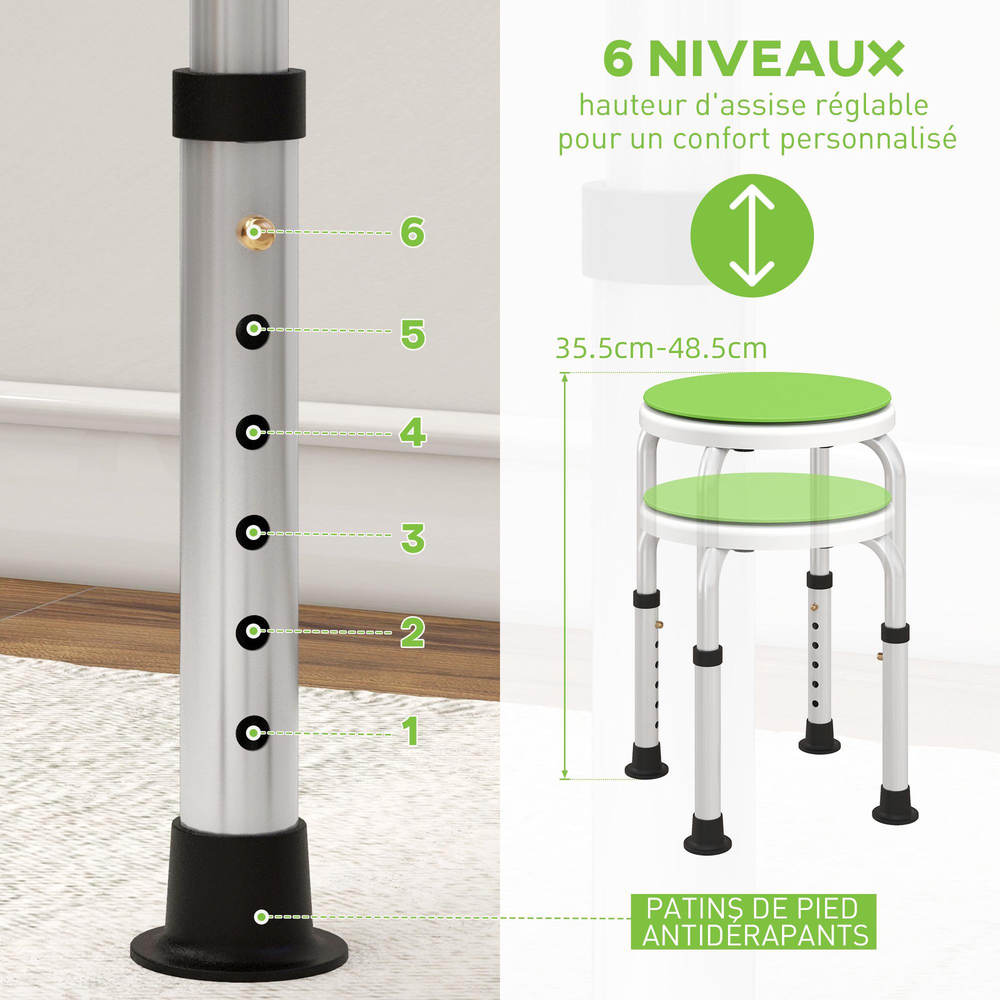 Voir la diapositive 5 : HOMCOM Tabouret de douche siège de douche - hauteur réglable, pivotant 360° - alu pp blanc vert