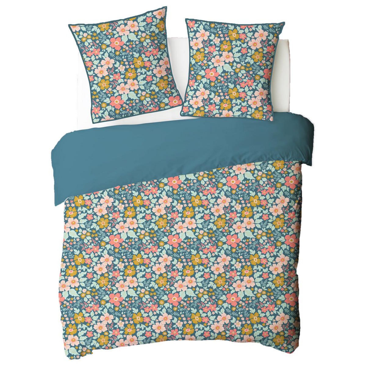 FUTURE HOME Parure de lit 2 personnes en coton 57 fils imprimé bleu