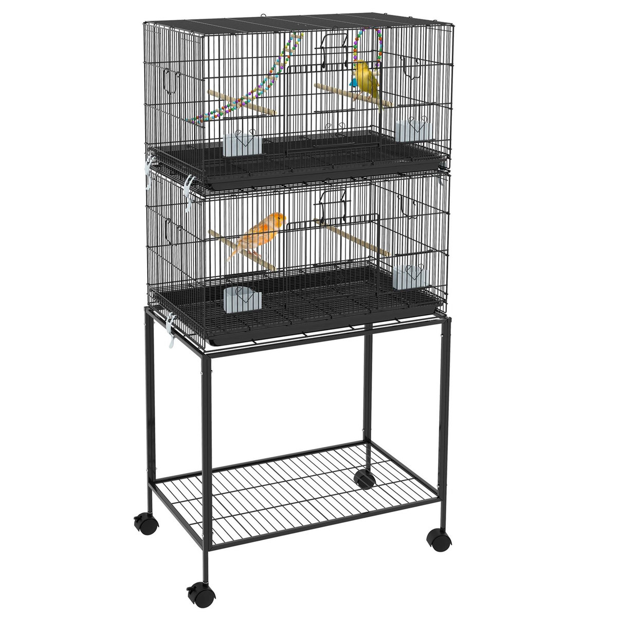 PAWHUT Double cage à oiseaux sur roulettes - étagère, plateau déjection, 4 perchoirs, 4 mangeoirs, poignée - dim. 77L x 46l x 164H cm acier noir