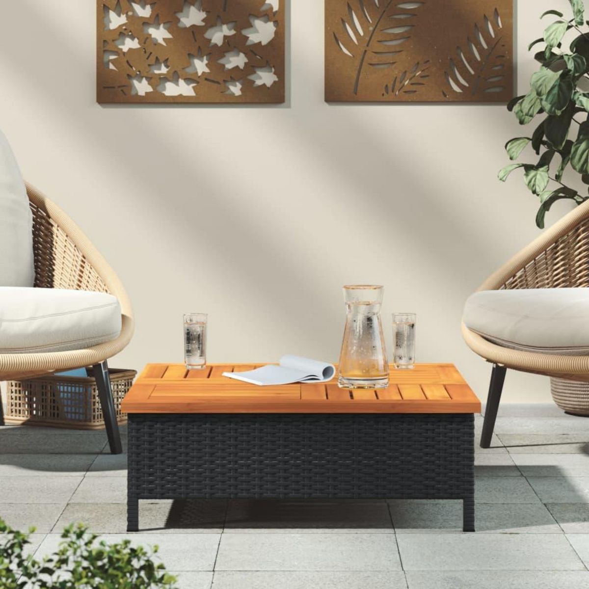 VIDAXL Table de jardin noir 70x70x25 cm resine tressee et bois acacia