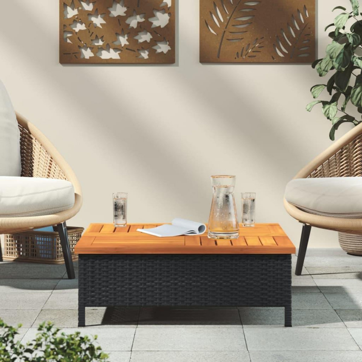 VIDAXL Table de jardin noir 70x70x25 cm resine tressee et bois acacia