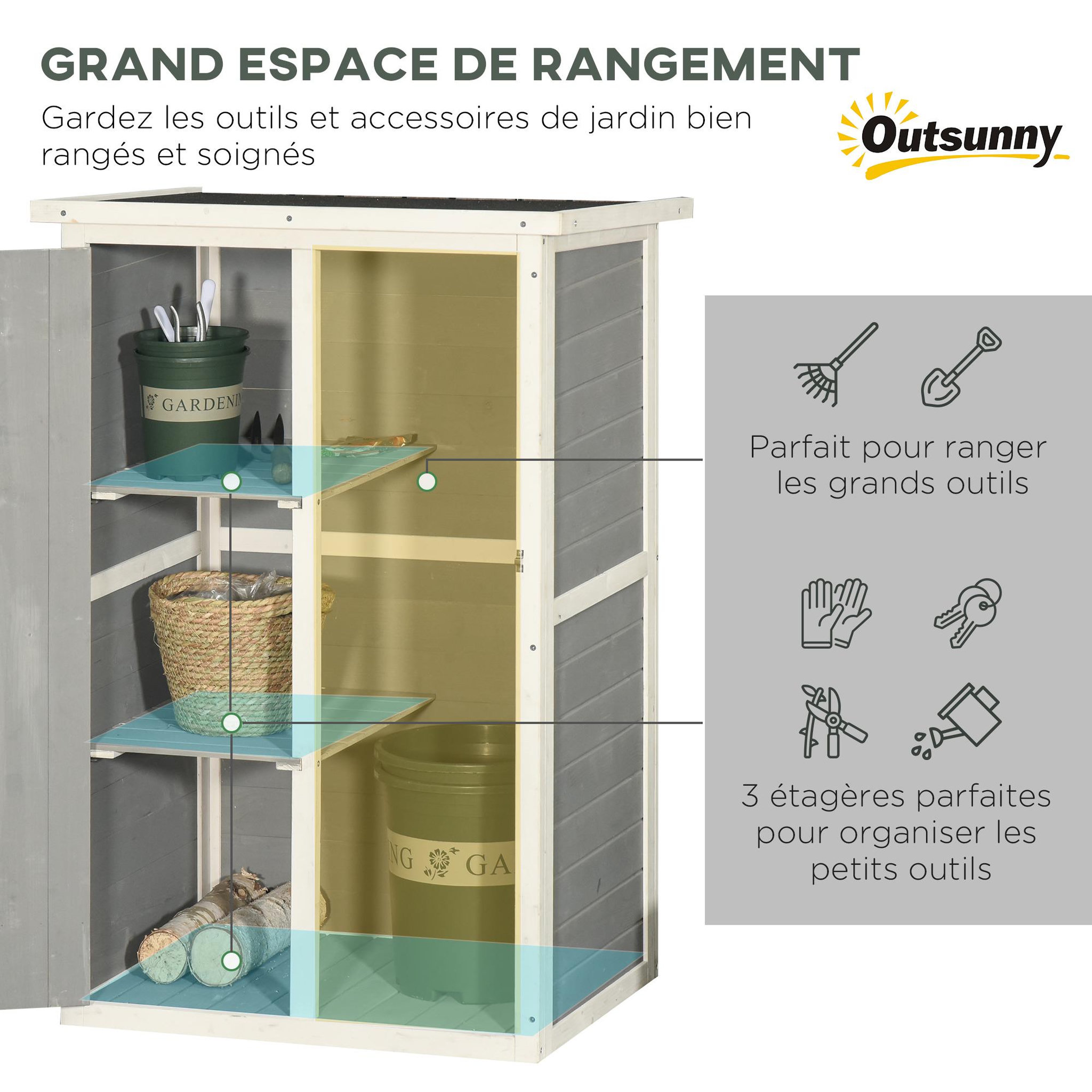Voir la diapositive 4 : OUTSUNNY Armoire abri de jardin remise pour outils - grande porte verrouillable loquet - 2 étagères - toit bitumé incliné bois de sapin blanc gris