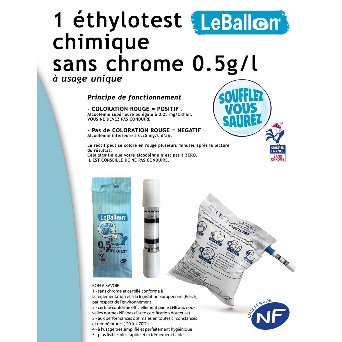 Lot de 10 Ethylotest 0,5g/l de sang à la norme NF 1 pièce