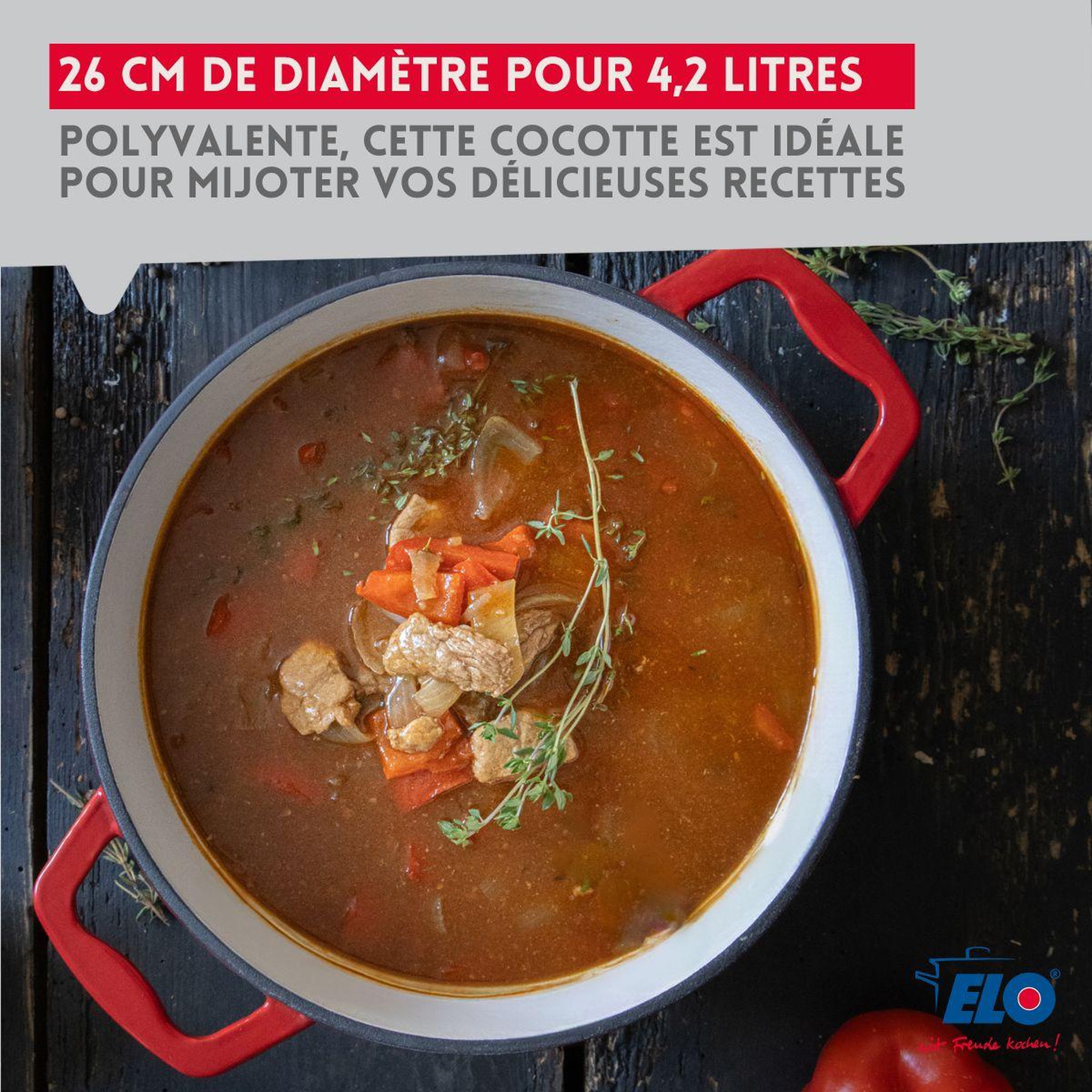 Voir la diapositive 5 : ELO Cocotte en fonte émaillée 26 cm rouge cerise 4.5 L Elo