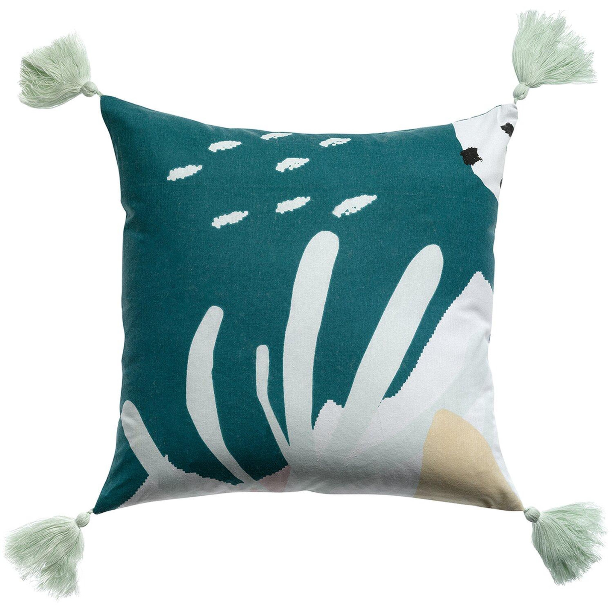 Les Ateliers du Linge Coussin décoratif imprimé en coton avec pompons. Coloris disponibles : Blanc, Vert, Noir, Rose, Jaune, Bleu, Gris, Marron, Rouge, Beige