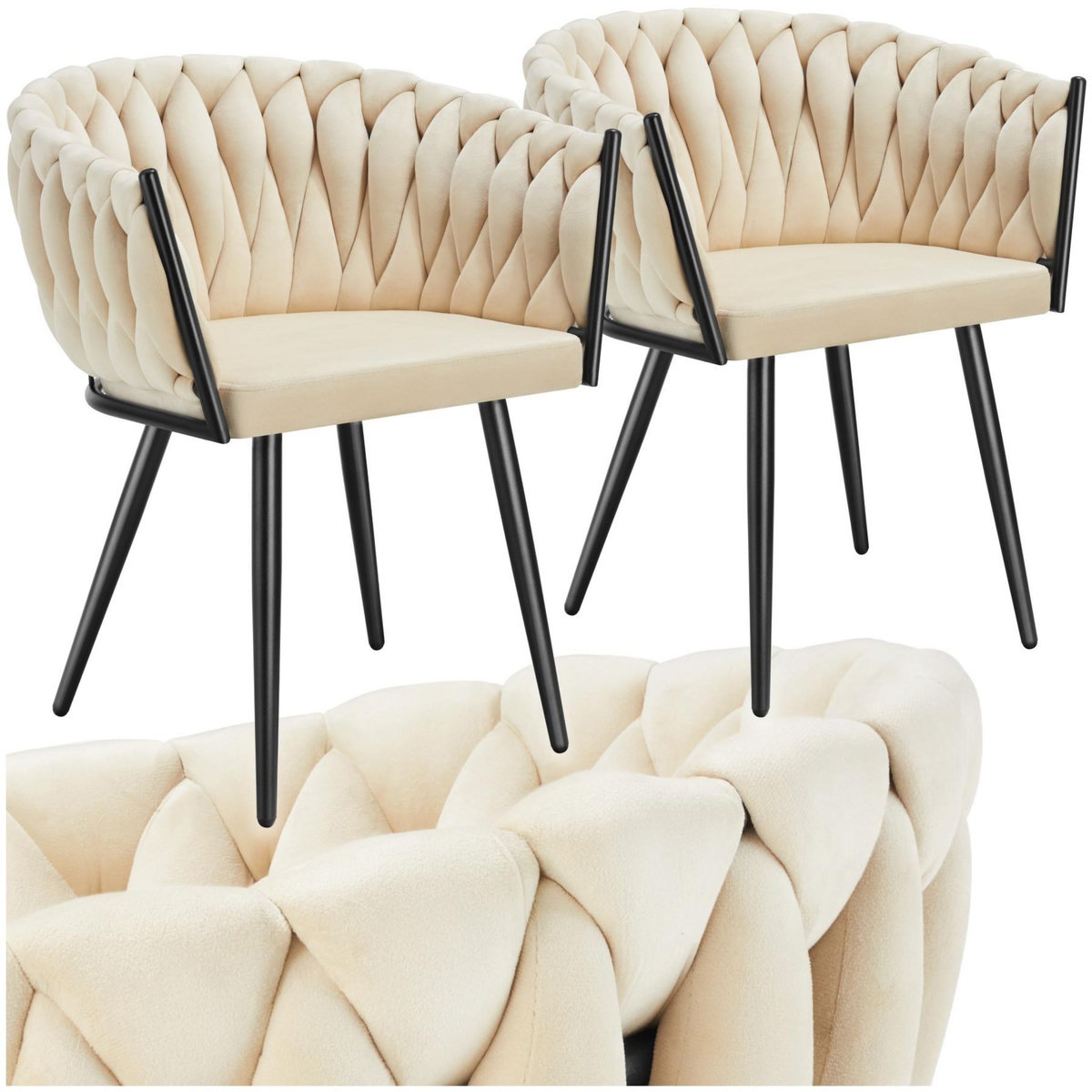 tectake Lot de chaises de salle à manger rembourrée avec revêtement en velours et design noué sable Lot de 2