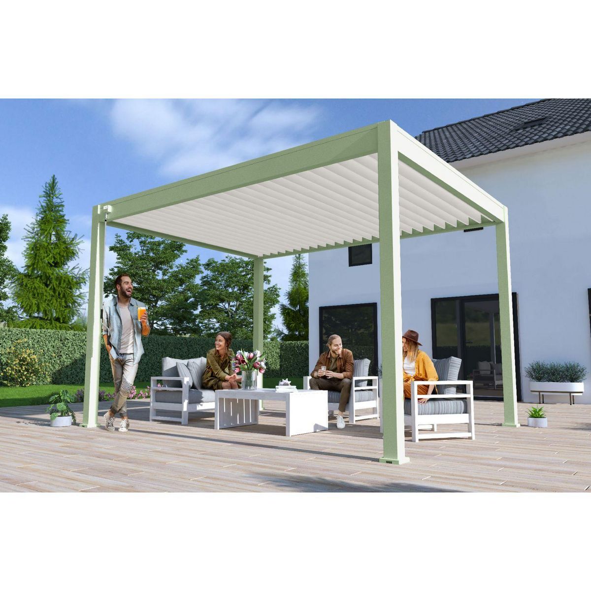 Pergola Bioclimatique autoportée 3x4 m - Aluminium - Vert jade/blanc - VS OmBREA®