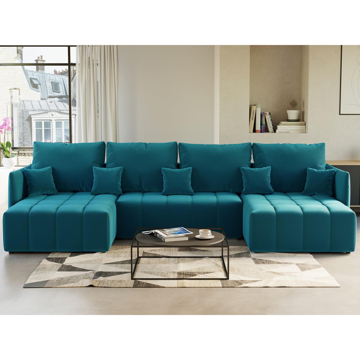 BEST MOBILIER Petra - canapé panoramique en u - 7 places - convertible - avec coffre - en velours