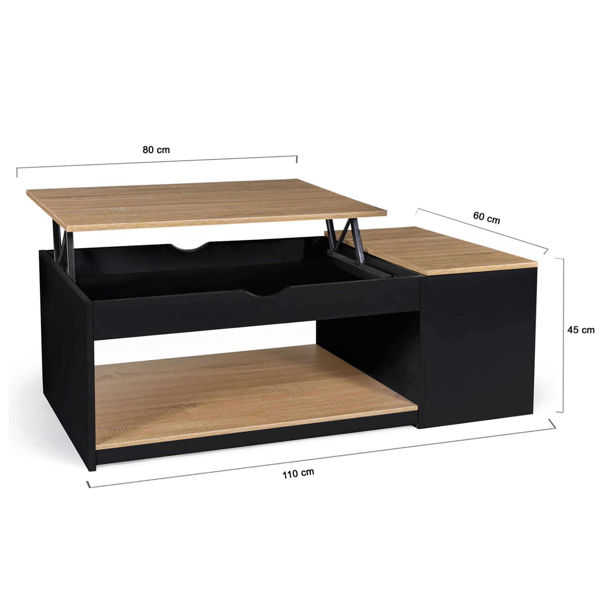 Voir la diapositive 6 : ID MARKET Table basse plateau relevable rectangulaire elea avec coffre bois noir et façon hêtre
