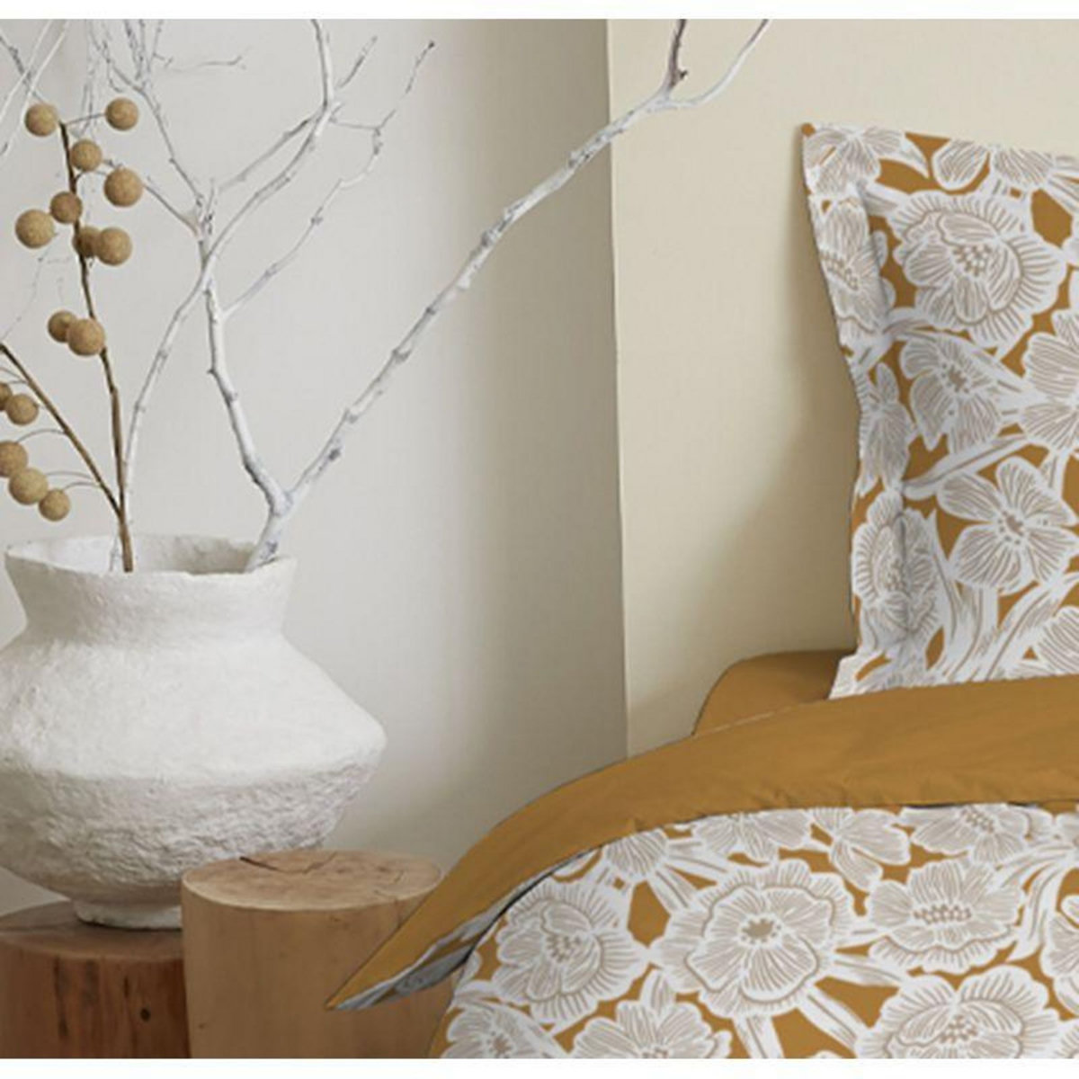 COTON PUR Parure de draps 4 pièces pour lit 140 x 190 cm Agathe moutarde