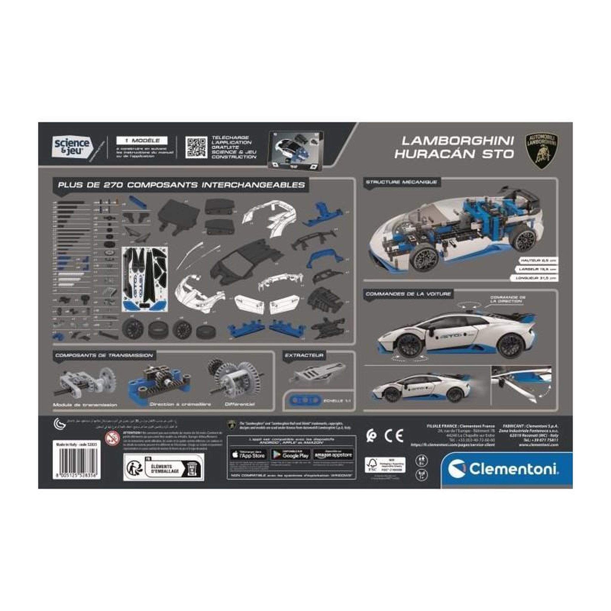 Voir la diapositive 6 : CLEMENTONI CLEMENTONI - Lamborghini Huracan STO a construire - Roues orientables - Manuel illustré et application pour visualisation 3D -