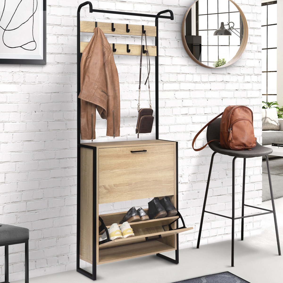 ID MARKET Vestiaire d'entrée LUIS meuble chaussures 2 portes design industriel