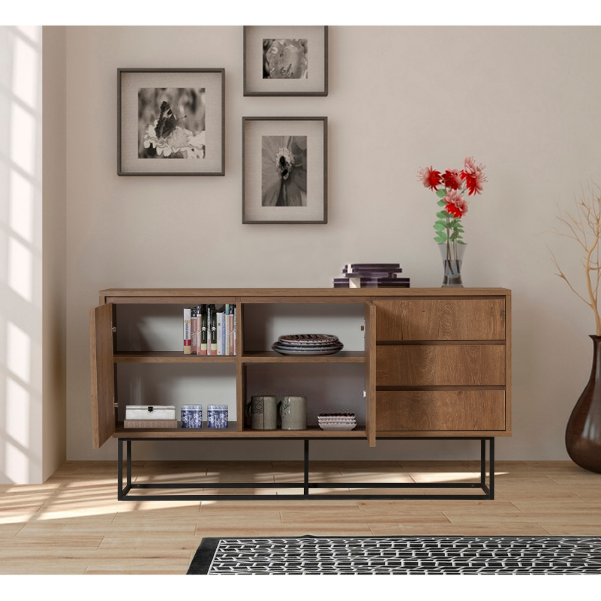 Voir la diapositive 2 : CONCEPT USINE Buffet en bois 2 portes et 3 tiroirs 140 cm sabinov