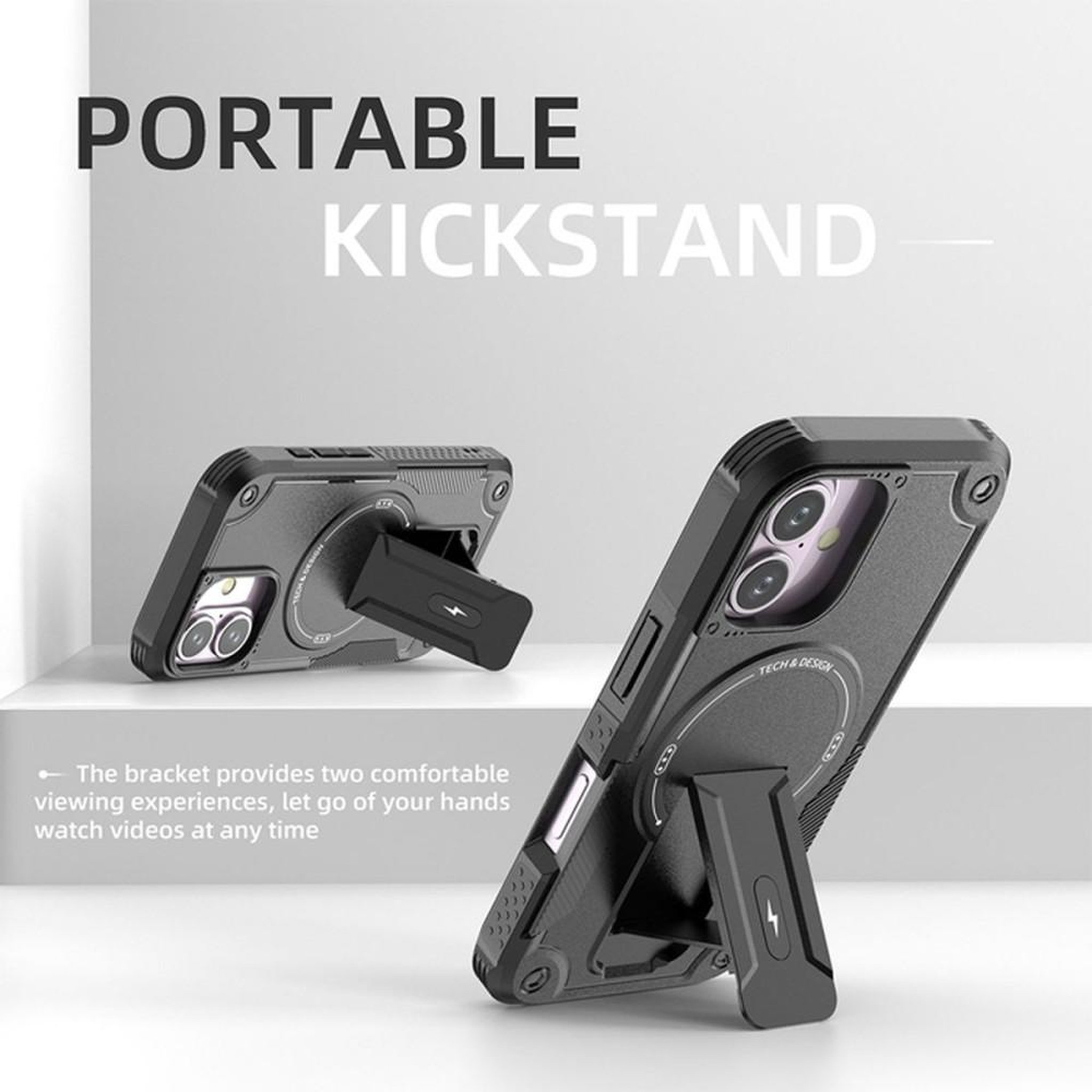 Voir la diapositive 4 : Coque iPhone 16 magnétique MagSafe noire HCT STYLE, protection 360° antichoc, bords relevés pour écran et caméra, angles renforcés, support intégré et compatible chargeur sans fil
