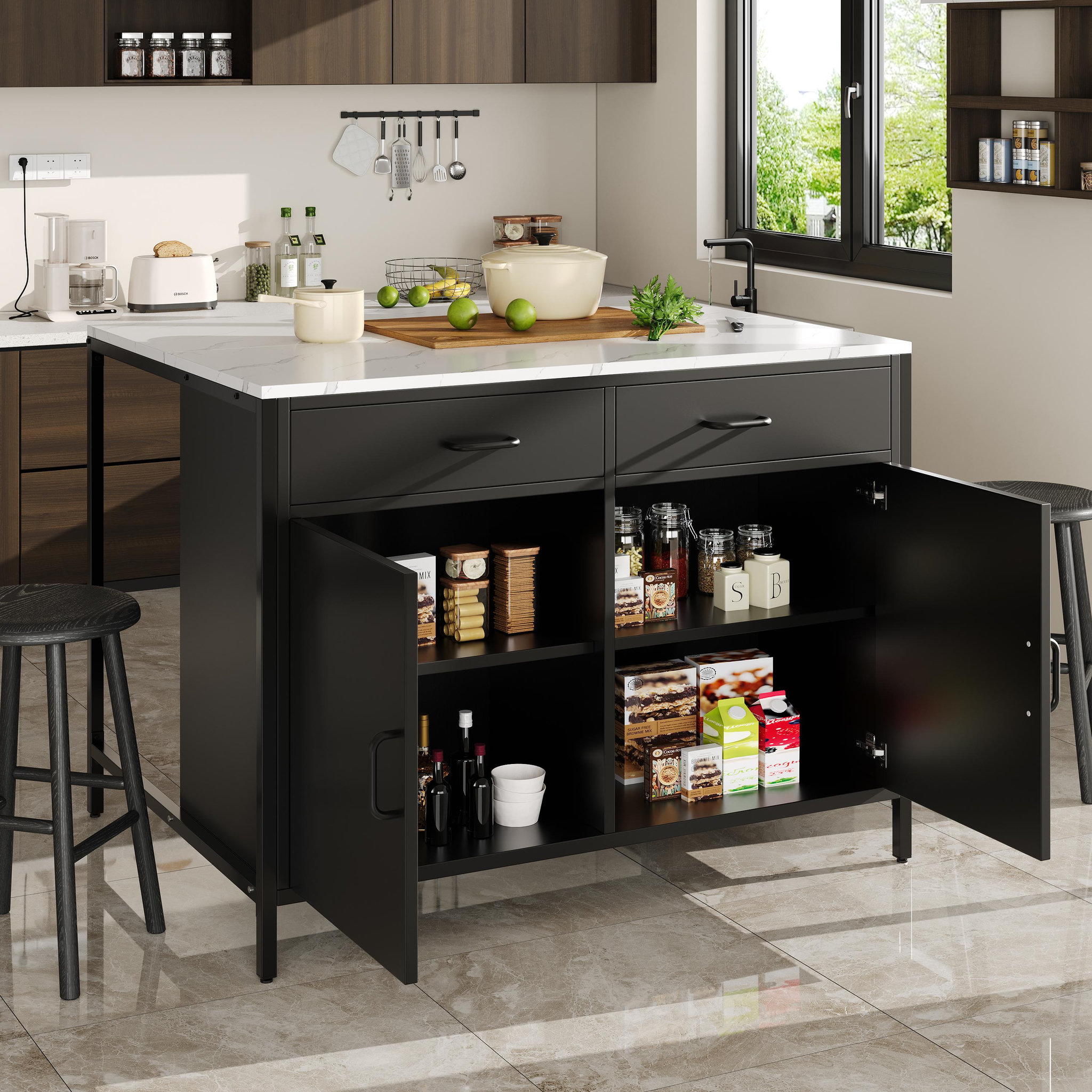 Voir la diapositive 2 : MERAX Ilot de cuisine 2 portes 2 tiroirs coloris noir mdf