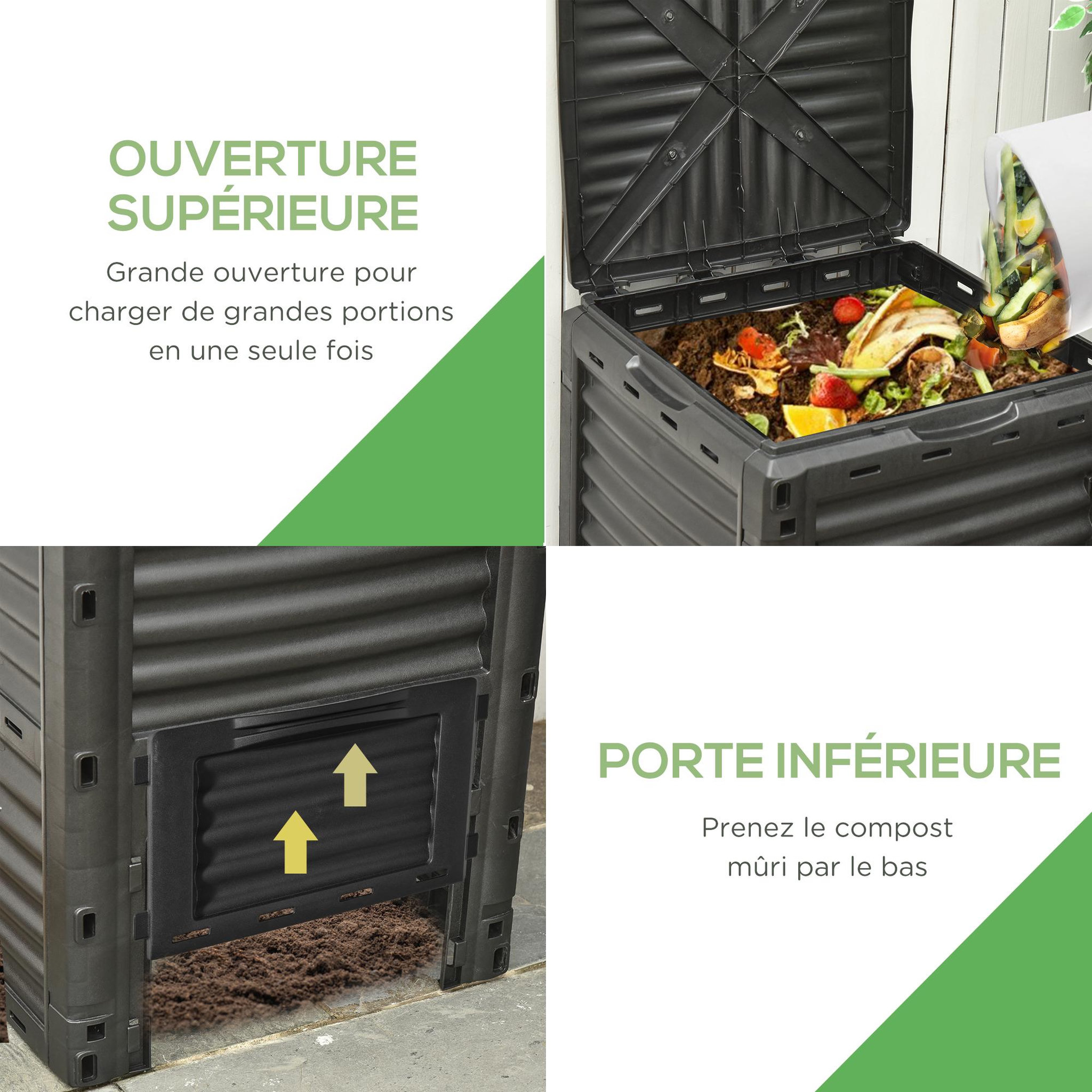 Voir la diapositive 4 : OUTSUNNY Composteur de jardin 300L - grande porte et couvercle - aération optimale - polypropylène noir