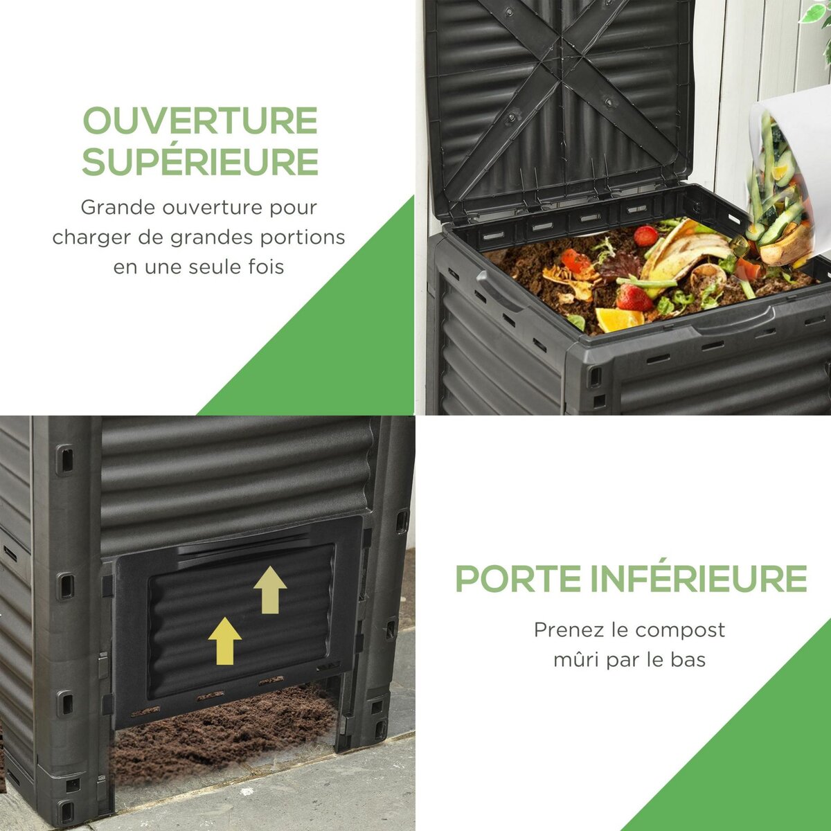 OUTSUNNY Composteur de jardin 300L - grande porte et couvercle - aération optimale - polypropylène noir