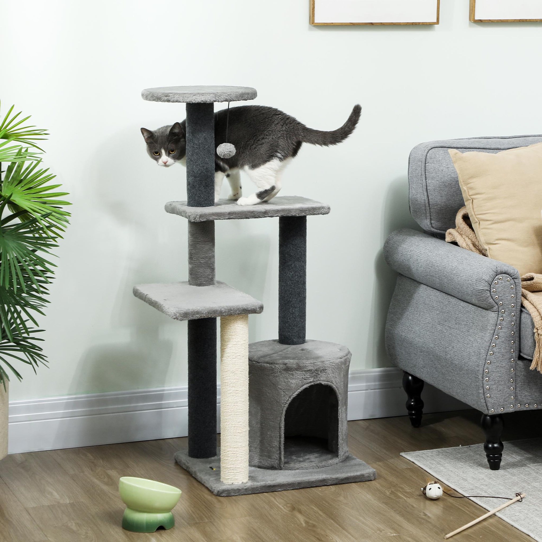 Voir la diapositive 6 : PAWHUT Arbre à chat gris niche 3 plateformes griffoir boule