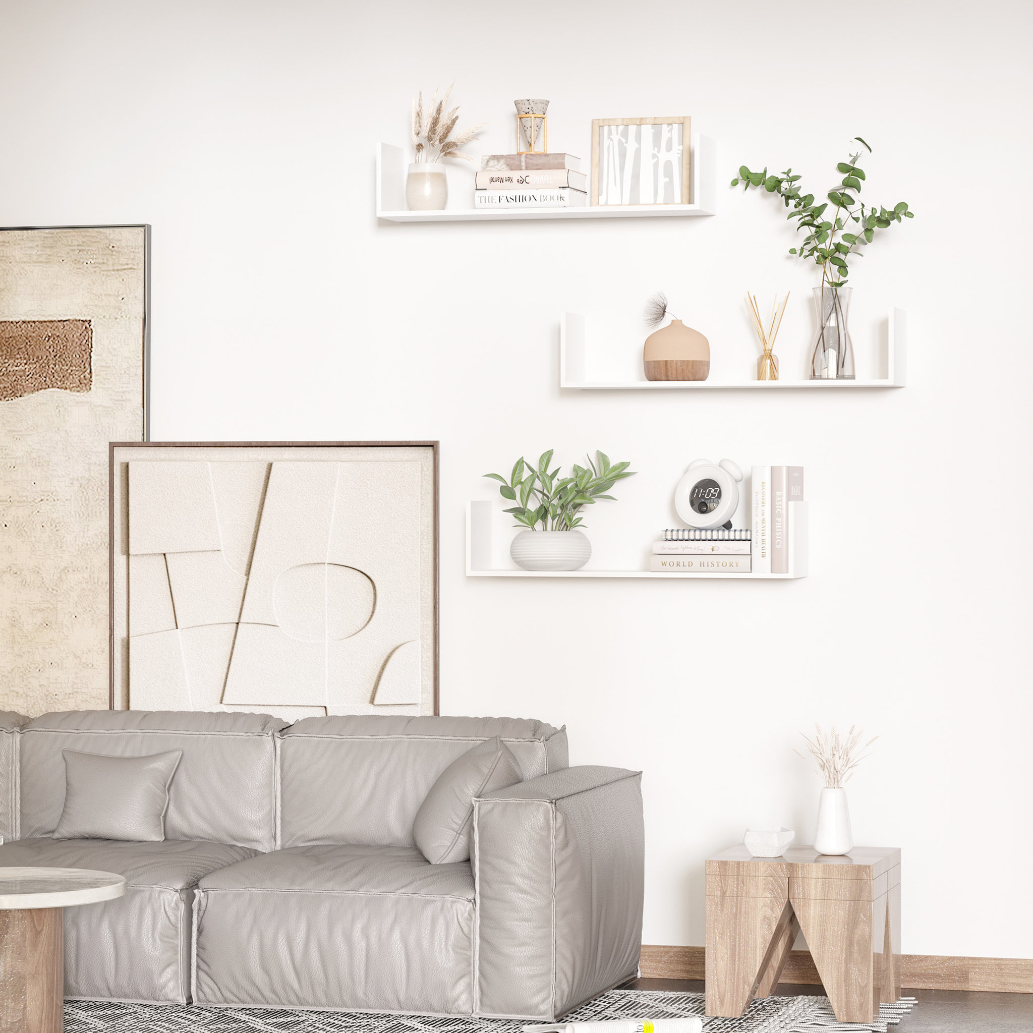 Voir la diapositive 2 : HOMCOM Lot de 3 étagères murales flottantes - dim. 80L x 18l x 18H cm - kit complet de fixation inclus - MDF grain de bois blanc