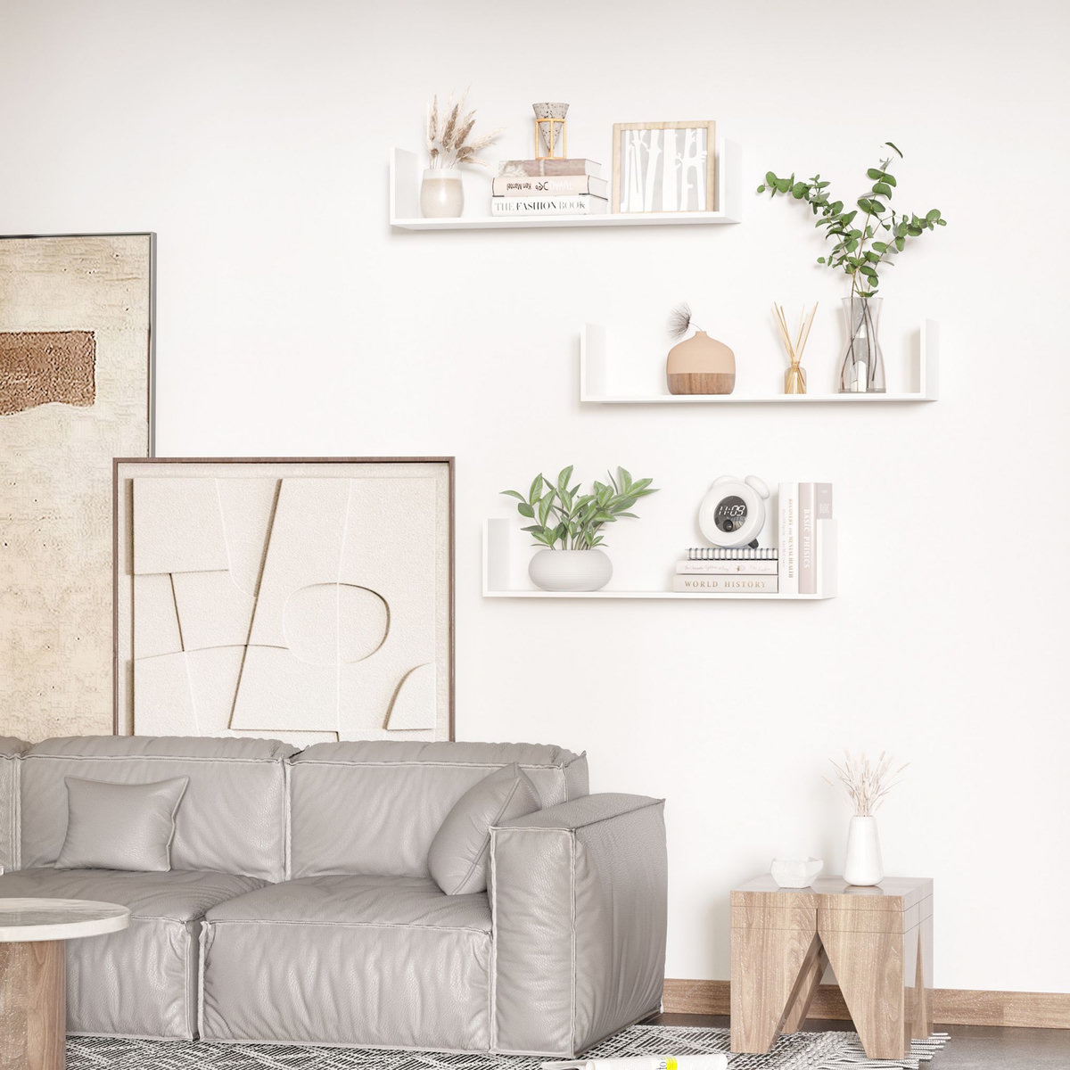 HOMCOM Lot de 3 étagères murales flottantes - dim. 80L x 18l x 18H cm - kit complet de fixation inclus - MDF grain de bois blanc