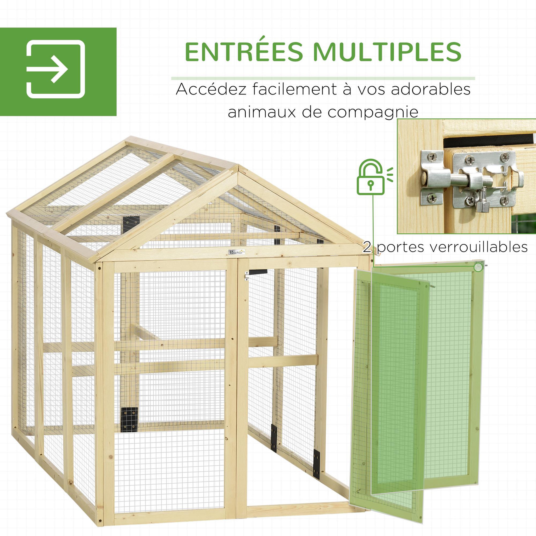Voir la diapositive 5 : PAWHUT Enclos poulailler chenil 1,23 m² - parc grillagé dim 140L x 88,5l x 106H cm - 2 portes verrouillables - bois sapin