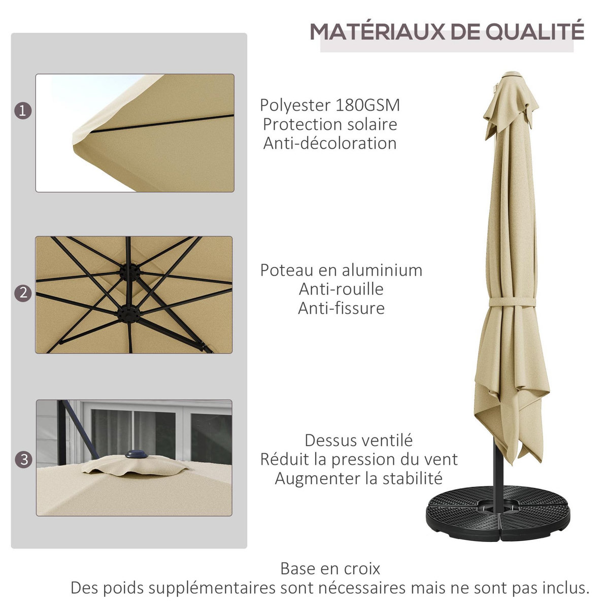 OUTSUNNY Parasol déporté carré inclinable manivelle avec piètement croix alu beige