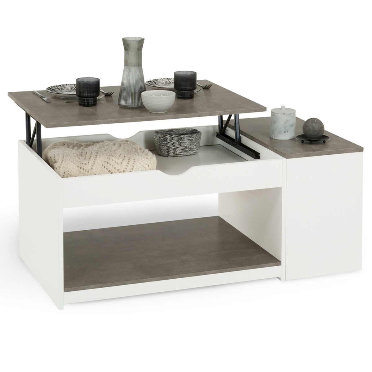ID MARKET Table basse plateau relevable rectangulaire ELEA avec coffre bois blanc et effet béton
