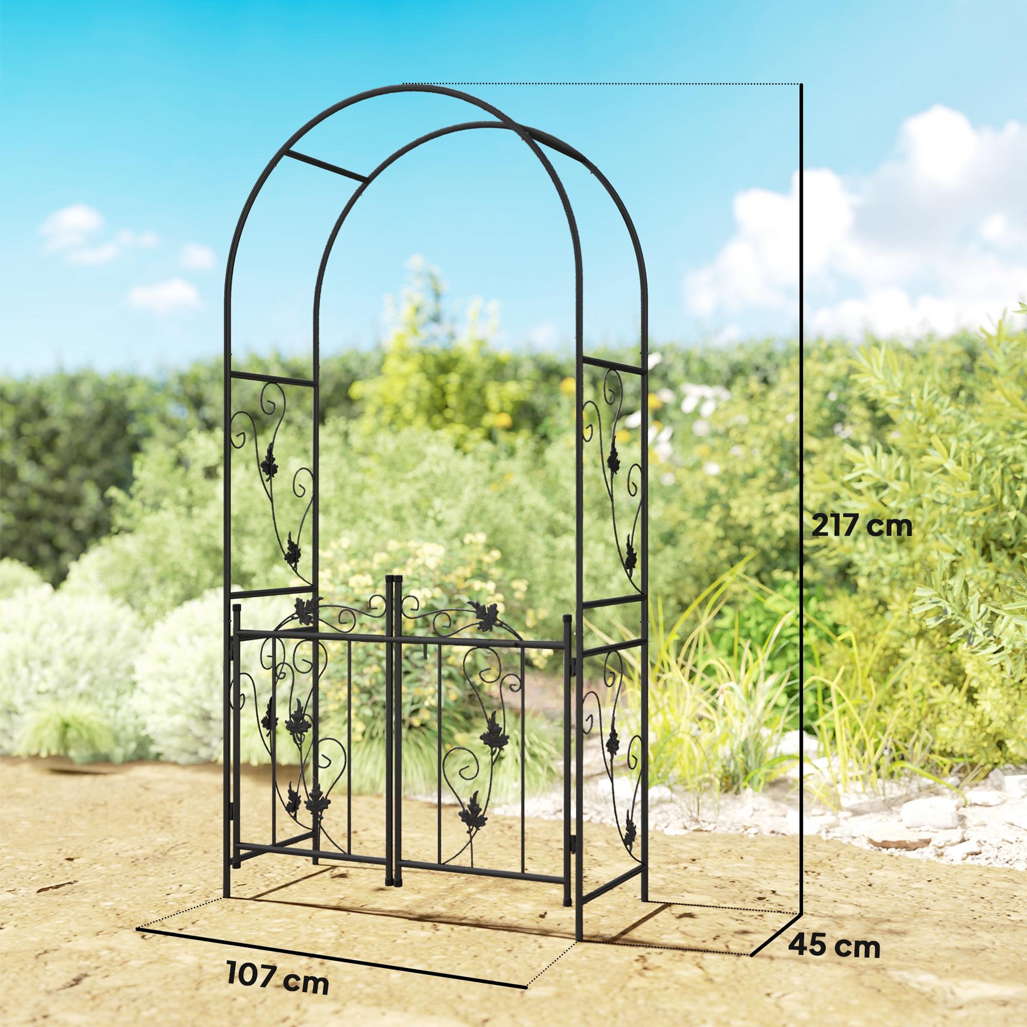 Voir la diapositive 3 : OUTSUNNY Arche de jardin avec portillon treillis style fer forgé feuilles vigne acier thermolaqué noir
