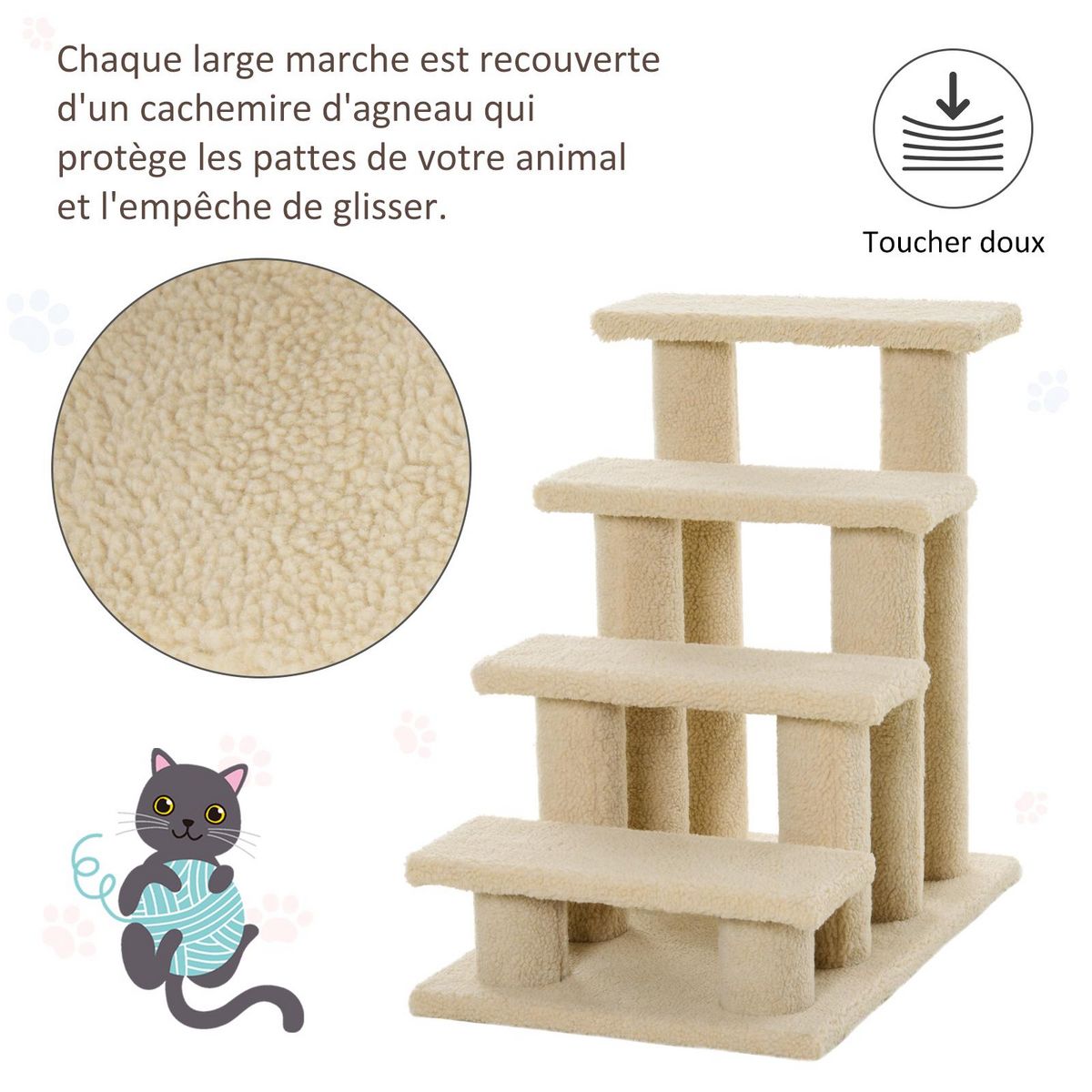 PAWHUT Escalier pour chat - escalier pour chien - 4 marches - revêtement flanelle grande douceur haute densité - structure panneaux particules - beige
