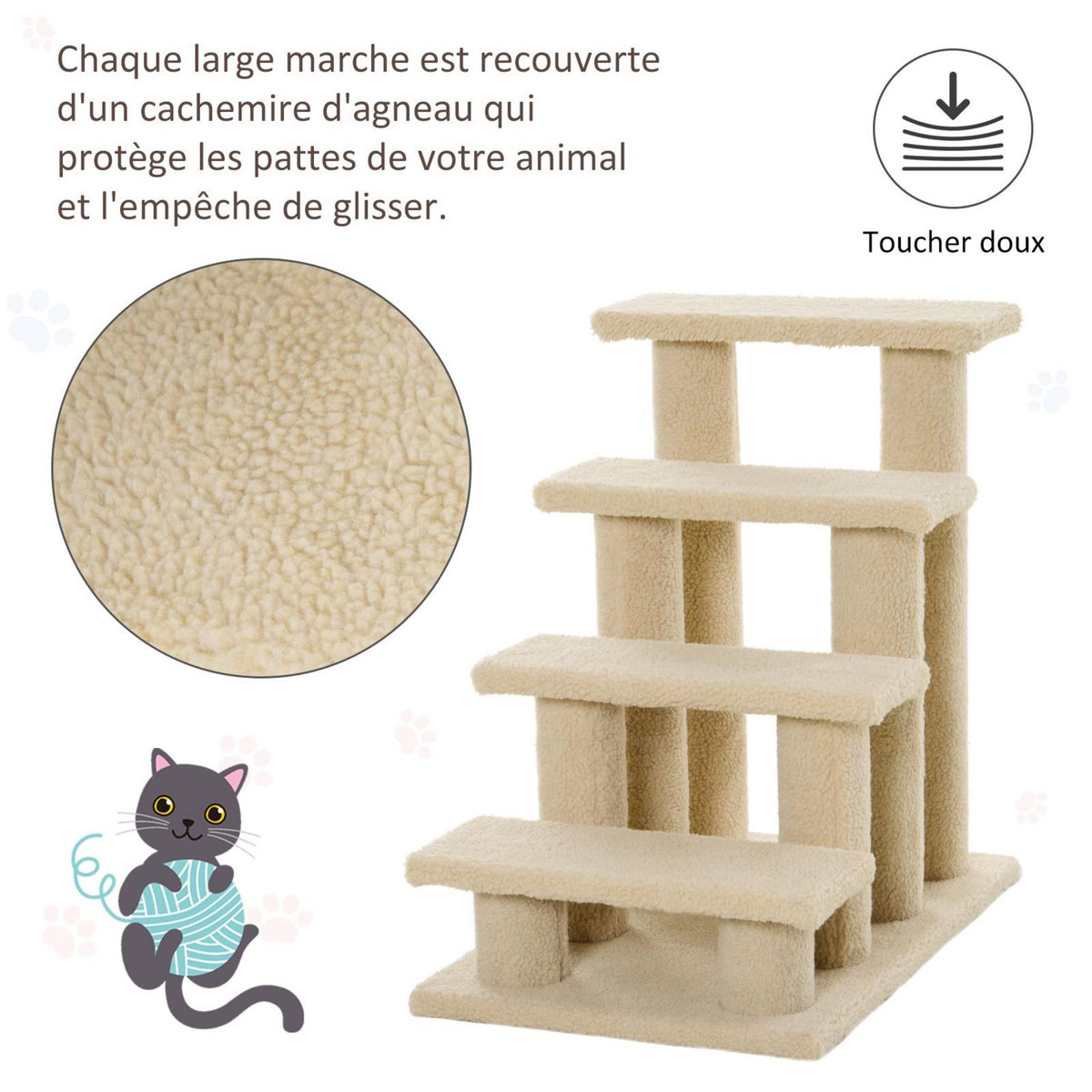 PAWHUT Escalier pour chat - escalier pour chien - 4 marches - revêtement flanelle grande douceur haute densité - structure panneaux particules - beige