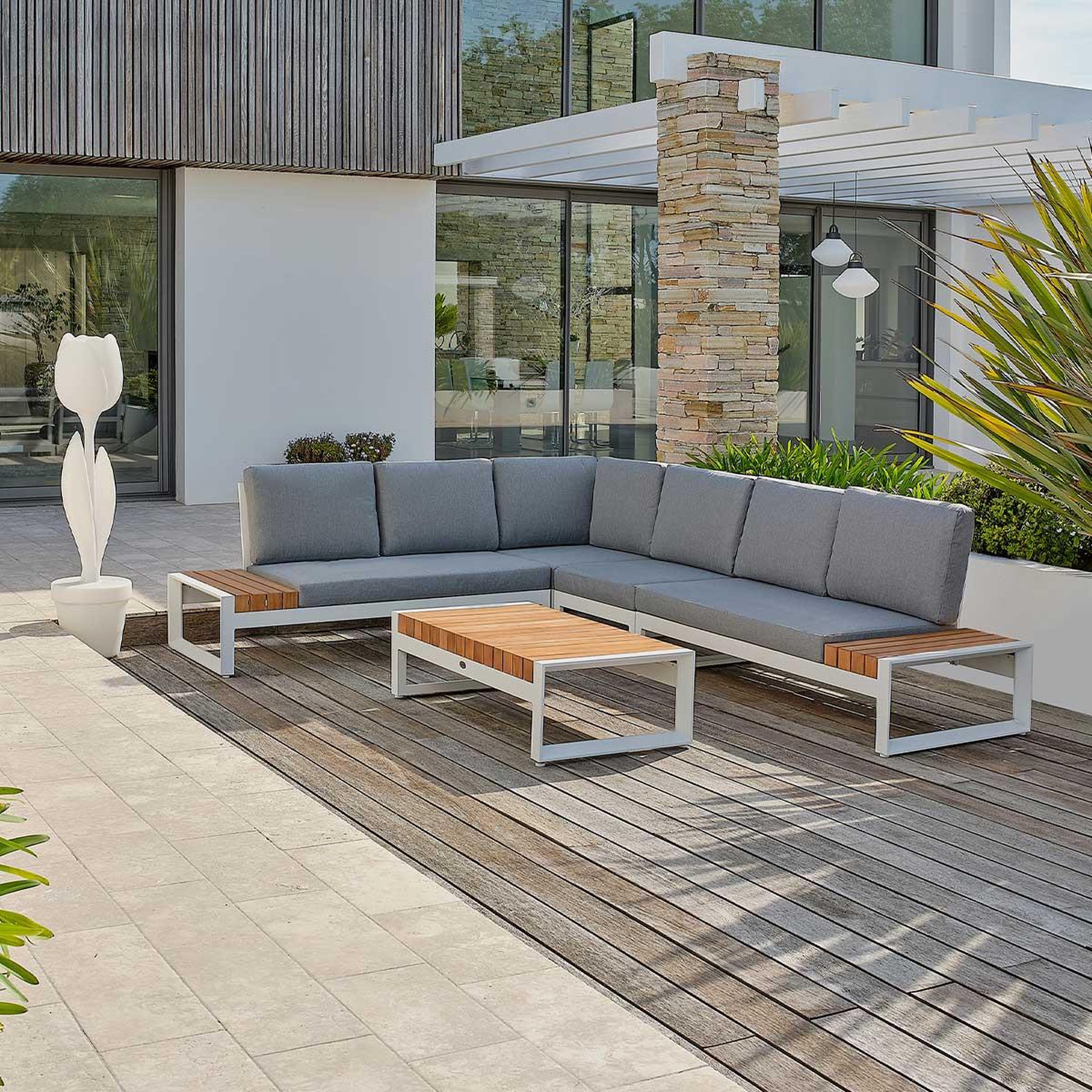 Voir la diapositive 2 : DCB GARDEN Salon d'Angle de Jardin 6 Places  Valencia  166cm Blanc
