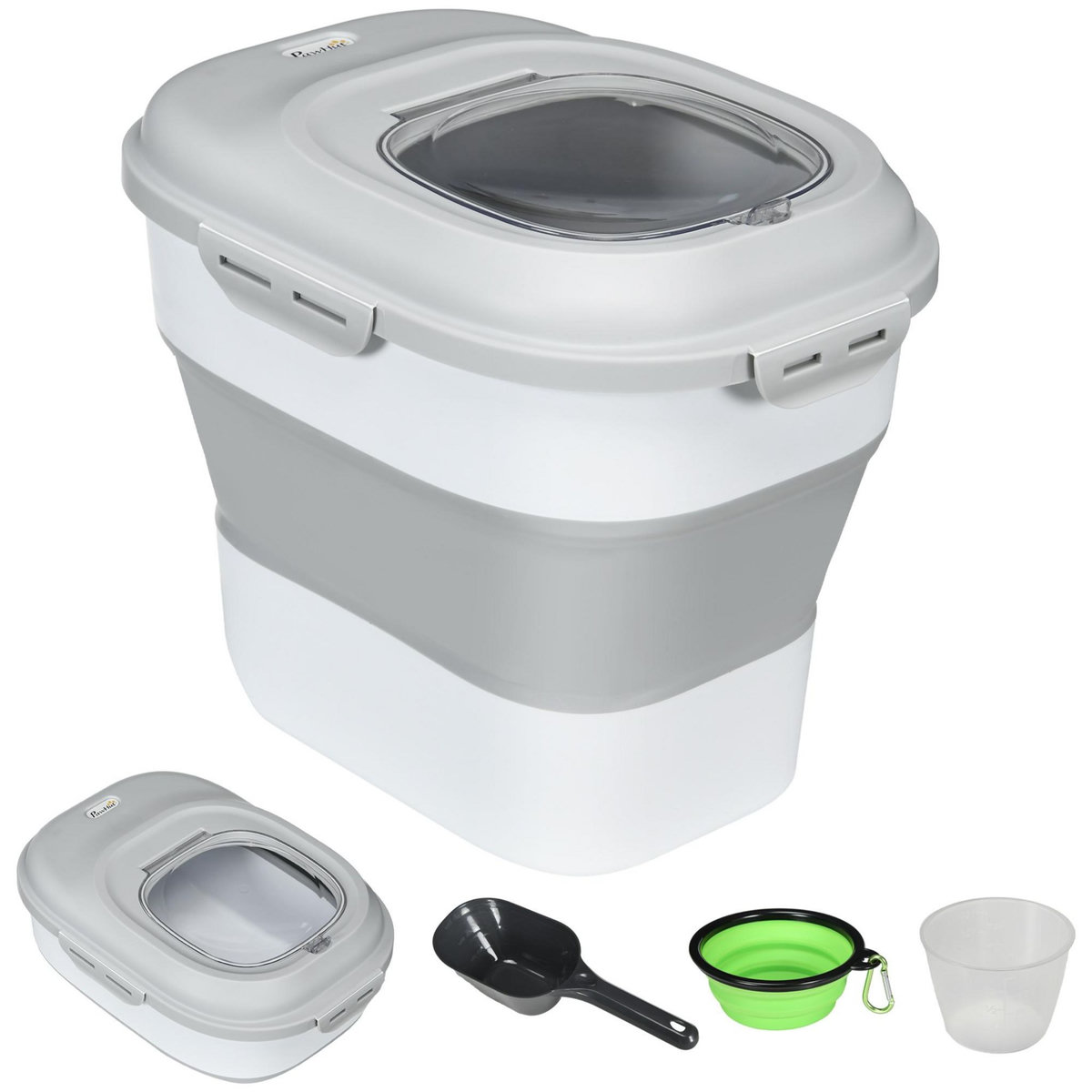 PAWHUT Conteneur à croquettes pour chiens et chats pliable 25L - roulettes, tasse, bol, cuillère - gris