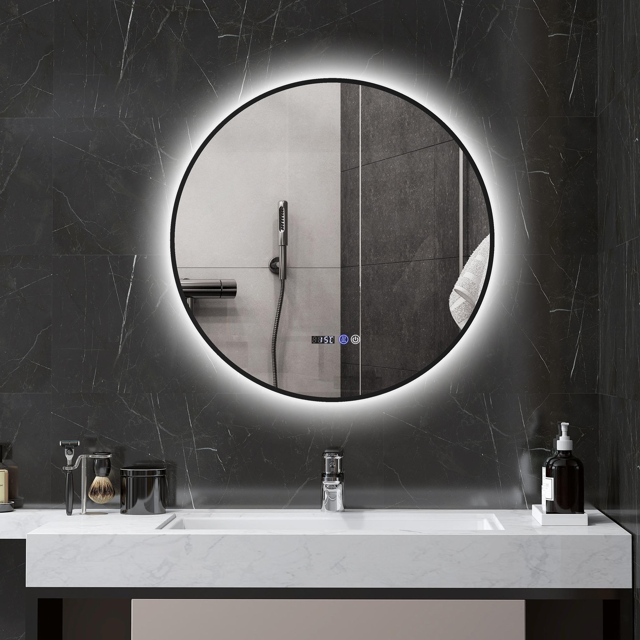 Voir la diapositive 2 : HOMCOM Miroir led rond salle de bain ø 70 cm - luminosité réglable, fonction anti-buée, tactile, affichage heure-température - métal noir