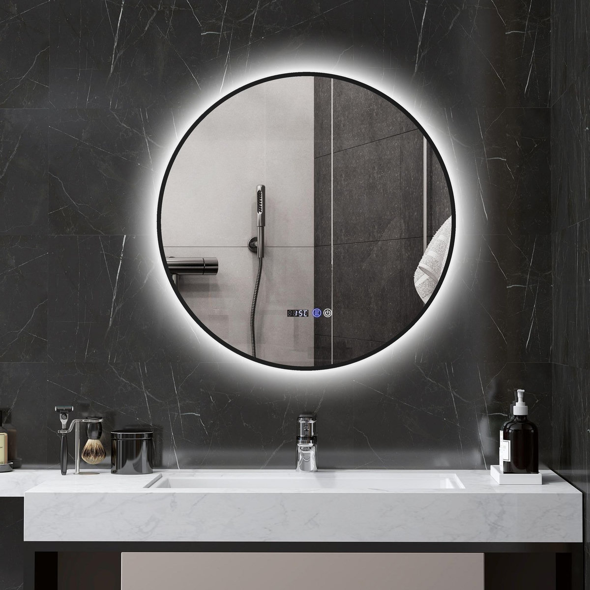 HOMCOM Miroir LED rond salle de bain Ø 70 cm - luminosité réglable, fonction anti-buée, tactile, affichage heure-température - métal noir