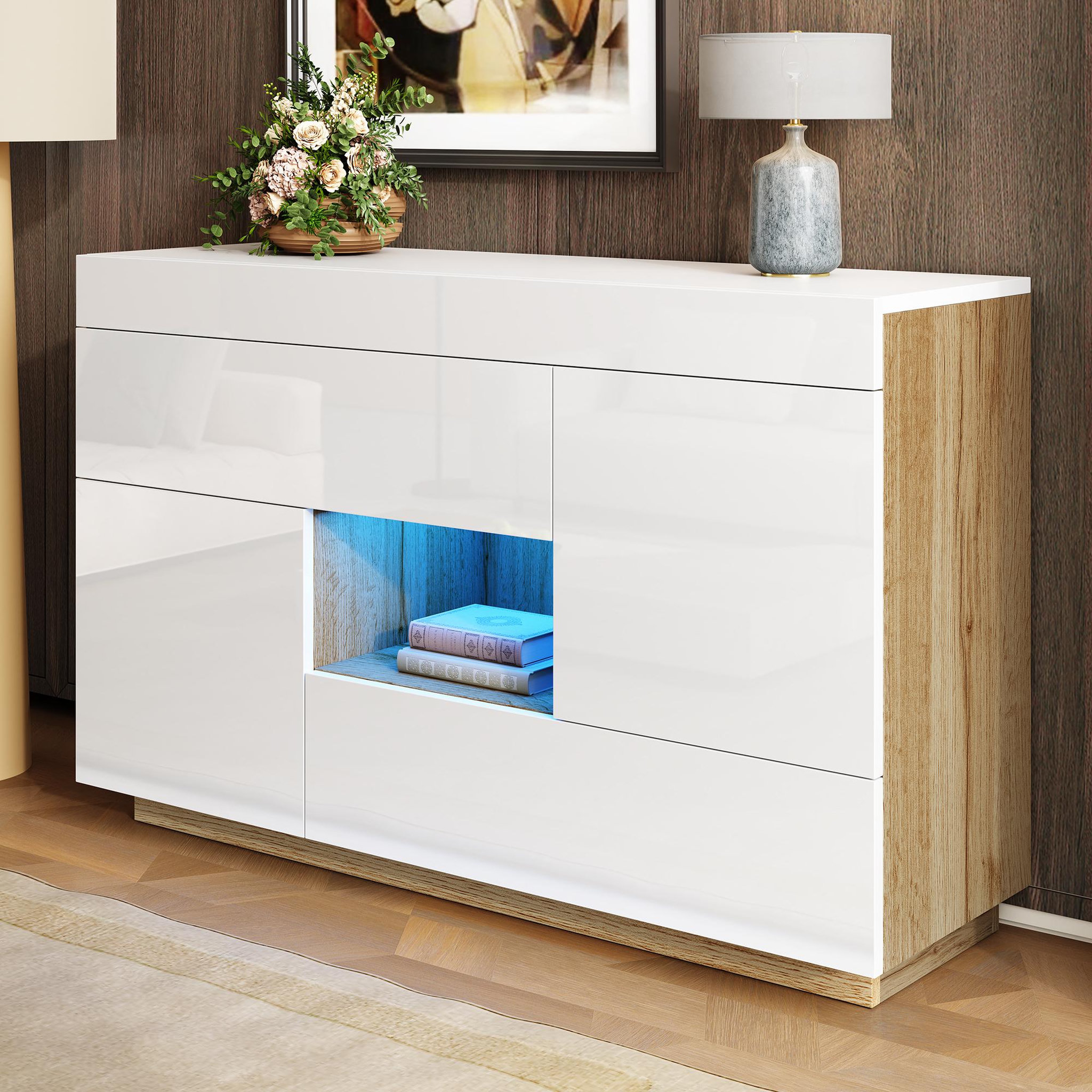 Voir la diapositive 2 : MERAX Buffet 2 porte(s) 2 tiroir(s) - 120 cm blanc+naturel led panneau de particules