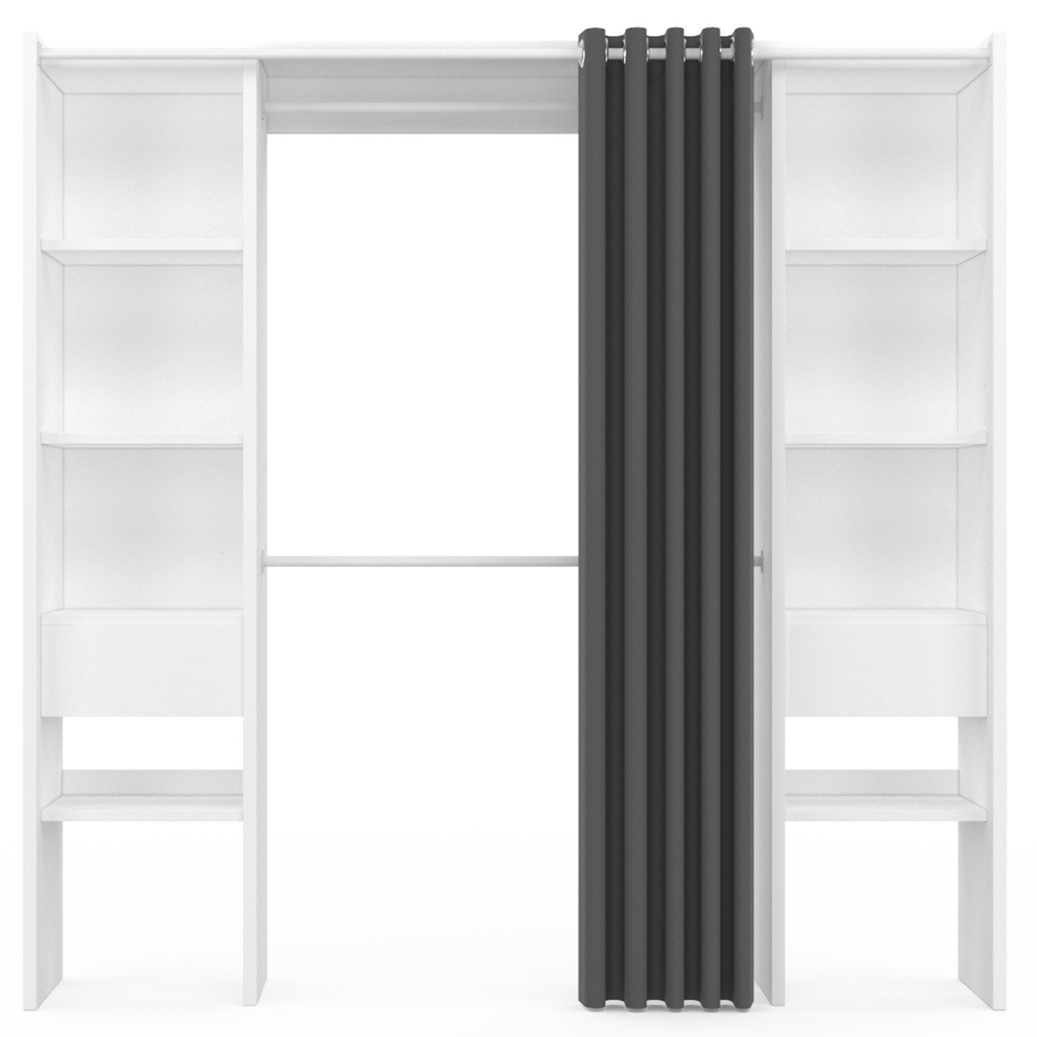 Voir la diapositive 3 : ID MARKET Dressing extensible double meryl 120/180 x 50 x 180 cm blanc avec étagères + double penderie + rideau gris