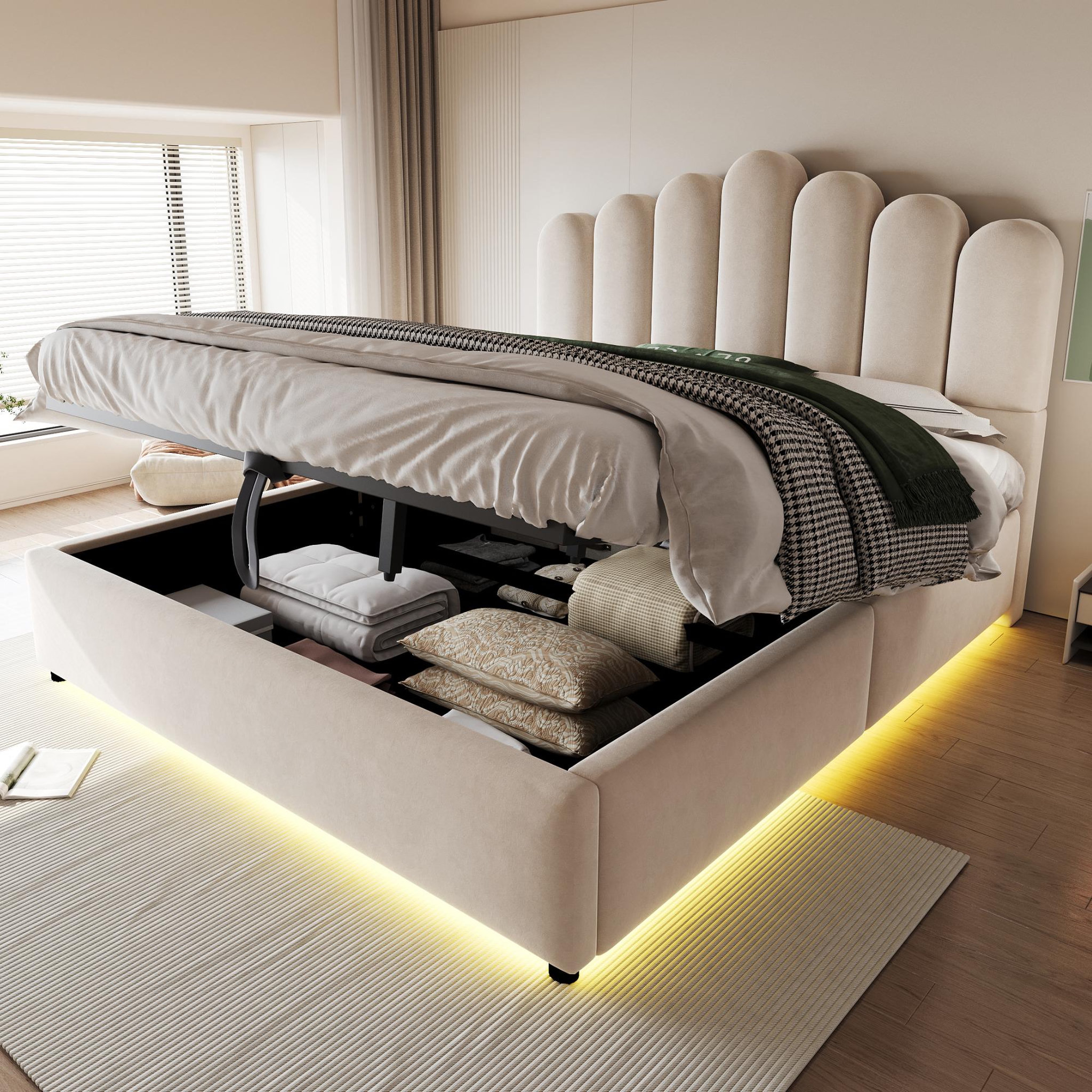 Voir la diapositive 2 : MERAX Lit coffre velours avec led, tête de lit capitonnée et sommier à lattes
