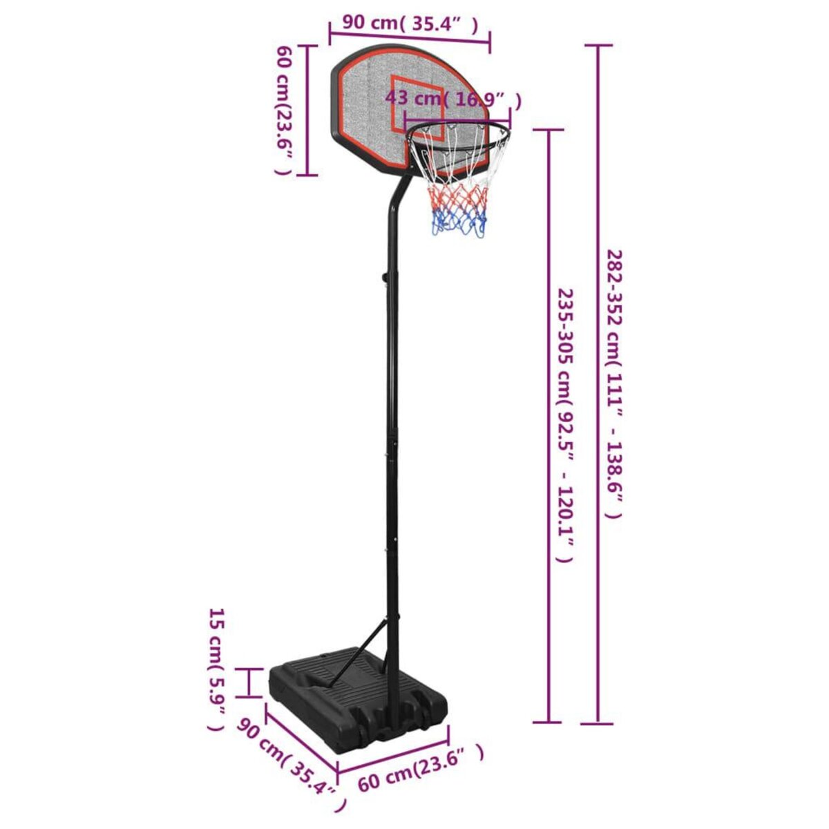 VIDAXL Support de basket-ball Noir 282-352 cm Polyethylene