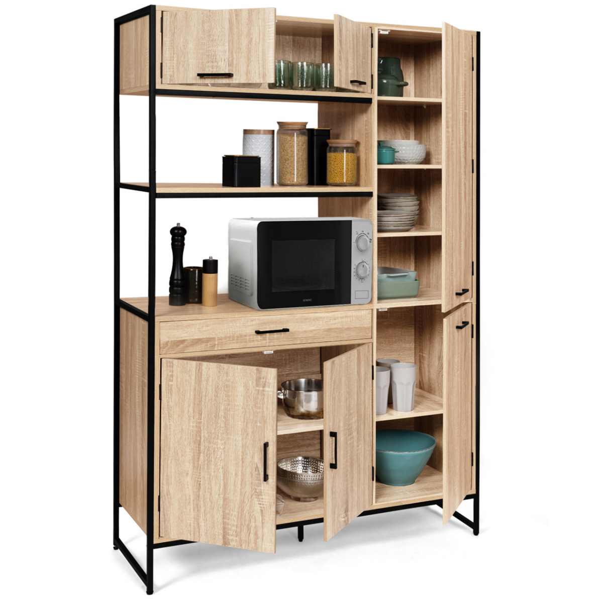 ID MARKET Buffet de cuisine avec colonne de rangement 120 CM DETROIT 6 portes + tiroir design industriel