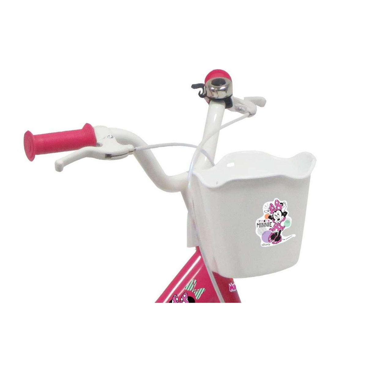 Disney Minnie Vélo enfant - Modèle 16'' Minnie de Disney + Casque pour enfant de 105/120 cm avec stabilisateurs - Panier avant - Porte poupée arrière - 2 freins et pneus gonflables