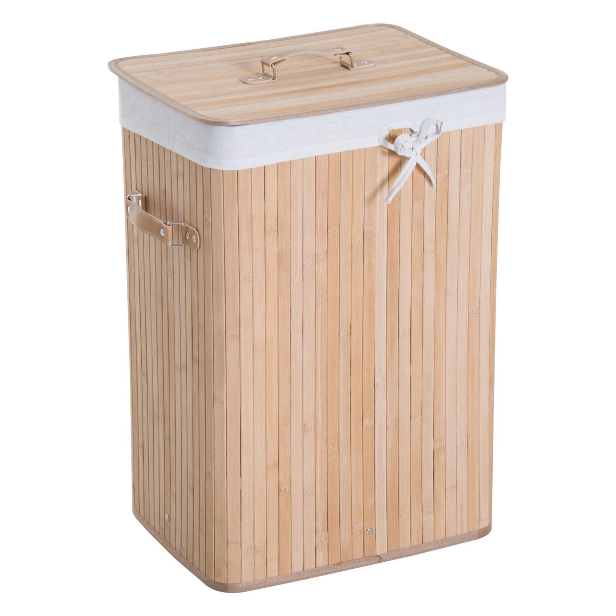 HOMCOM Panier à linge corbeille à linge bac à linge bambou pliable couvercle sac amovible 3 poignées pu 40l x 30l x 60h cm beige