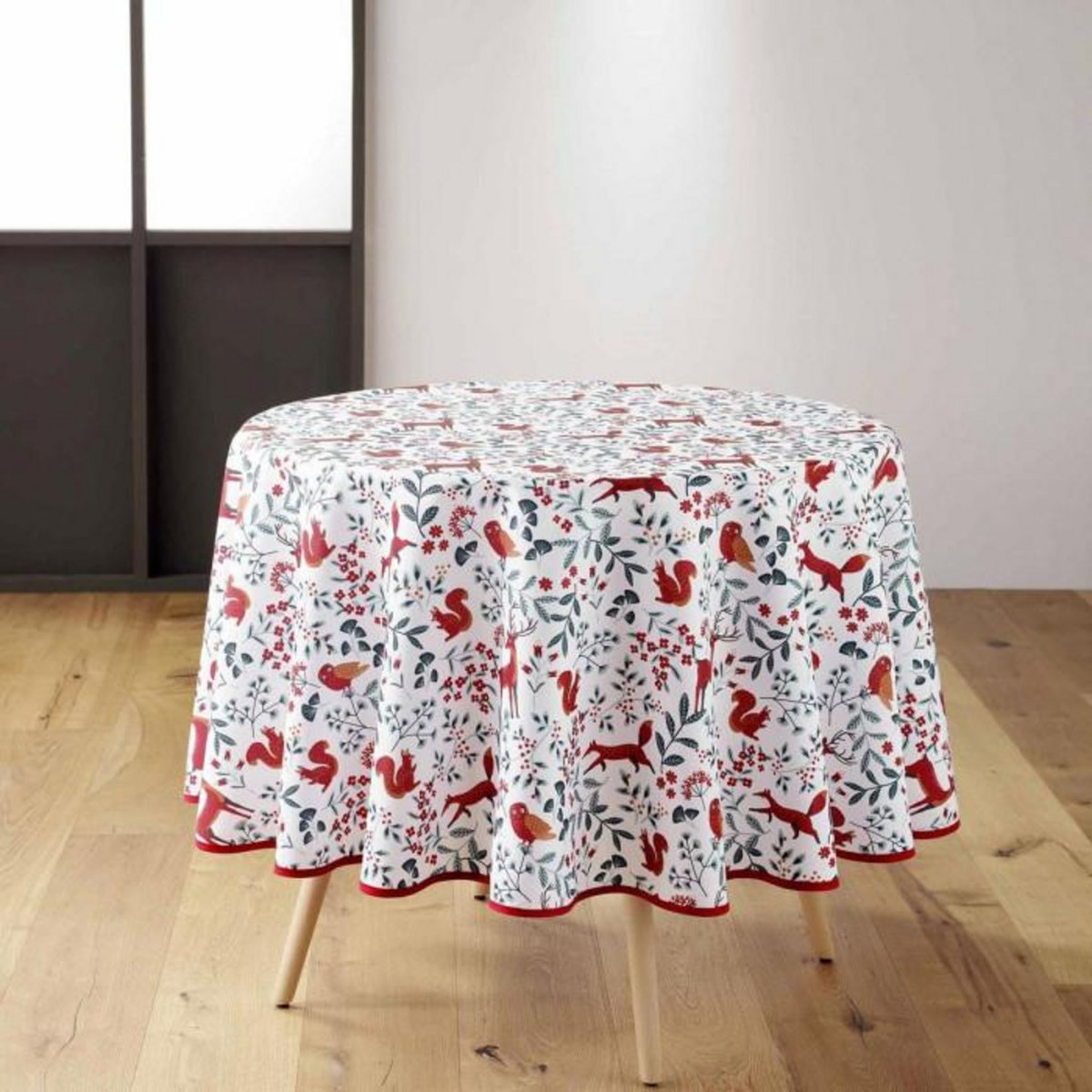 Paris Prix Nappe Ronde Imprimé  Forestine  180cm Blanc & Rouge