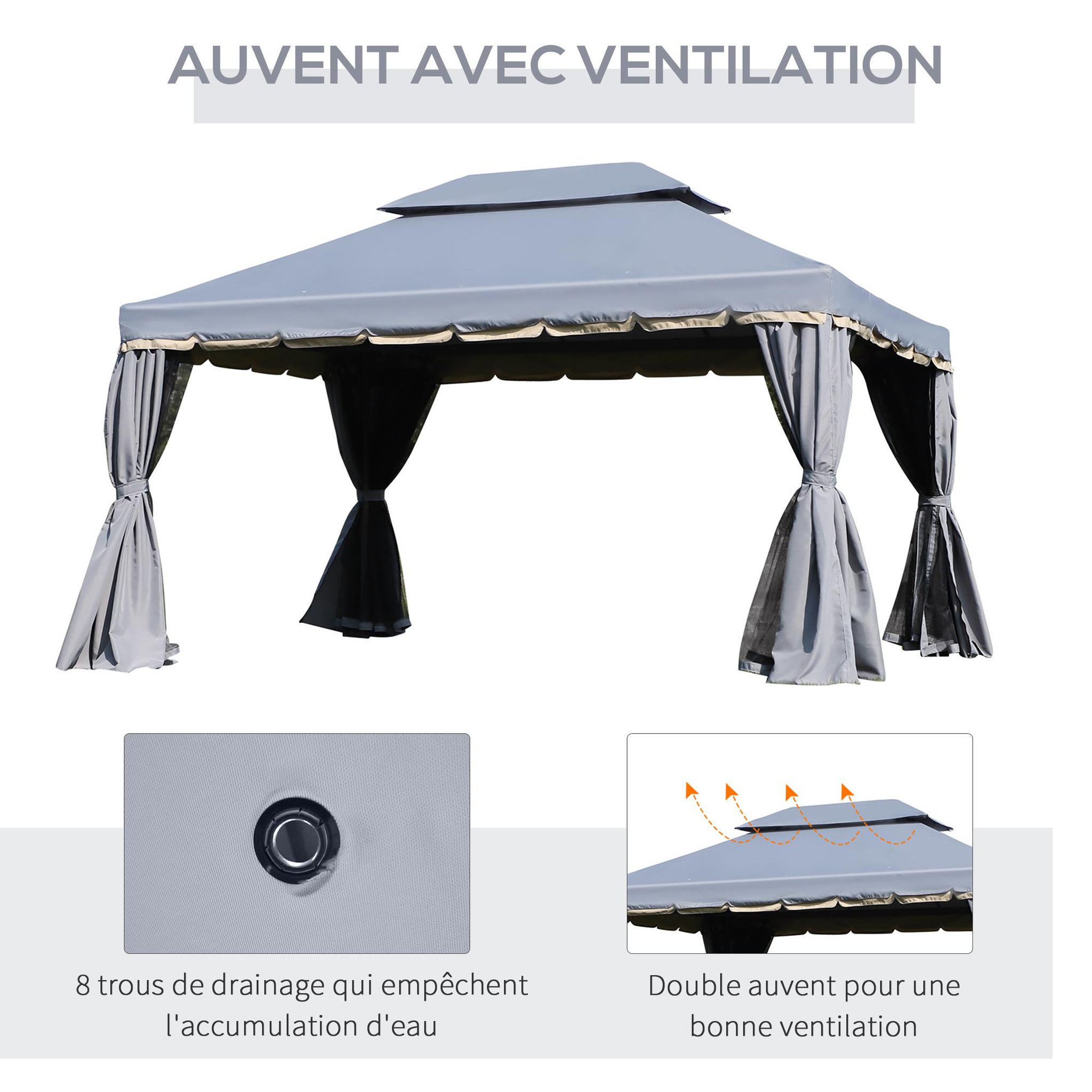 Voir la diapositive 5 : OUTSUNNY Tonnelle barnum pavillon de jardin style colonial double toit toile moustiquaires et toiles amovibles 3,9L x 2,9l x 2,8H m gris