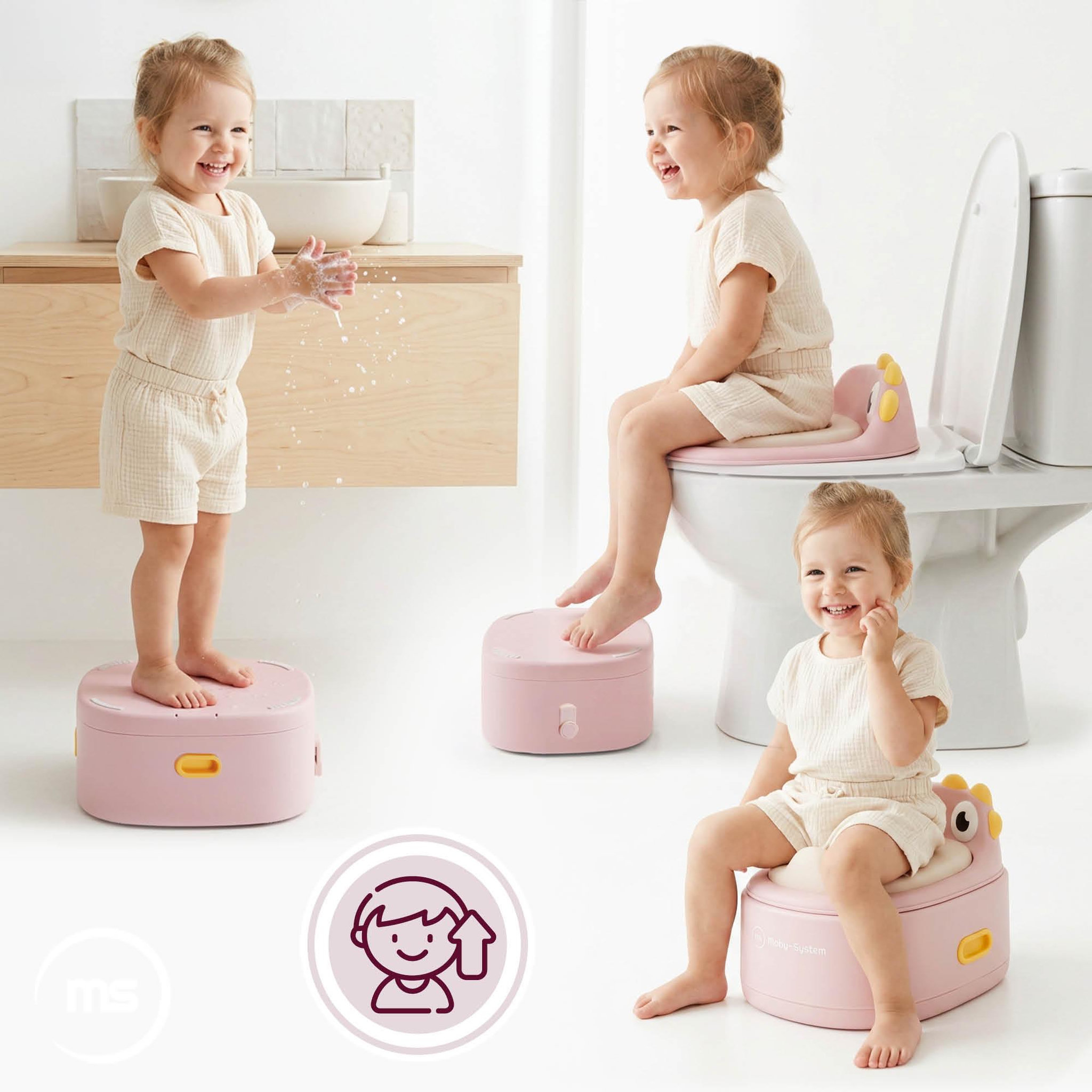 Voir la diapositive 2 : MOBY SYSTEM Pot Évolutif 3 en 1 Réducteur Toilet Marchepied avec Désign Poussin, Rose - Moby-System